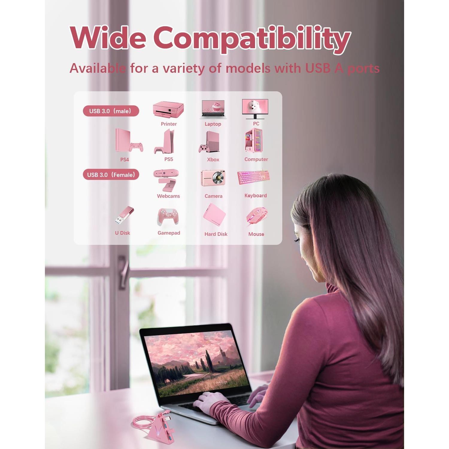 Hub USB 3.0 de 4 Puertos JoyReken Rosa 0.61 m