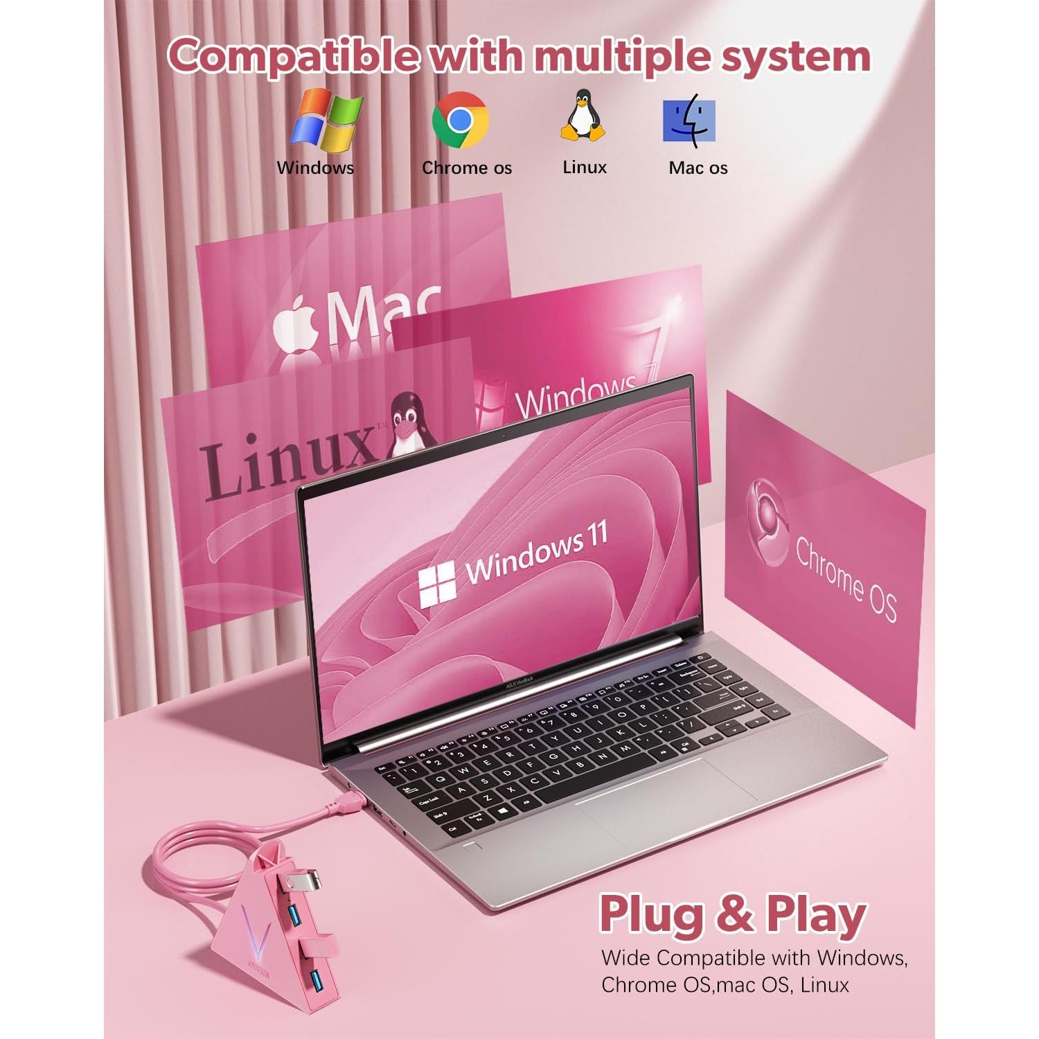 Hub USB 3.0 de 4 Puertos JoyReken Rosa 0.61 m