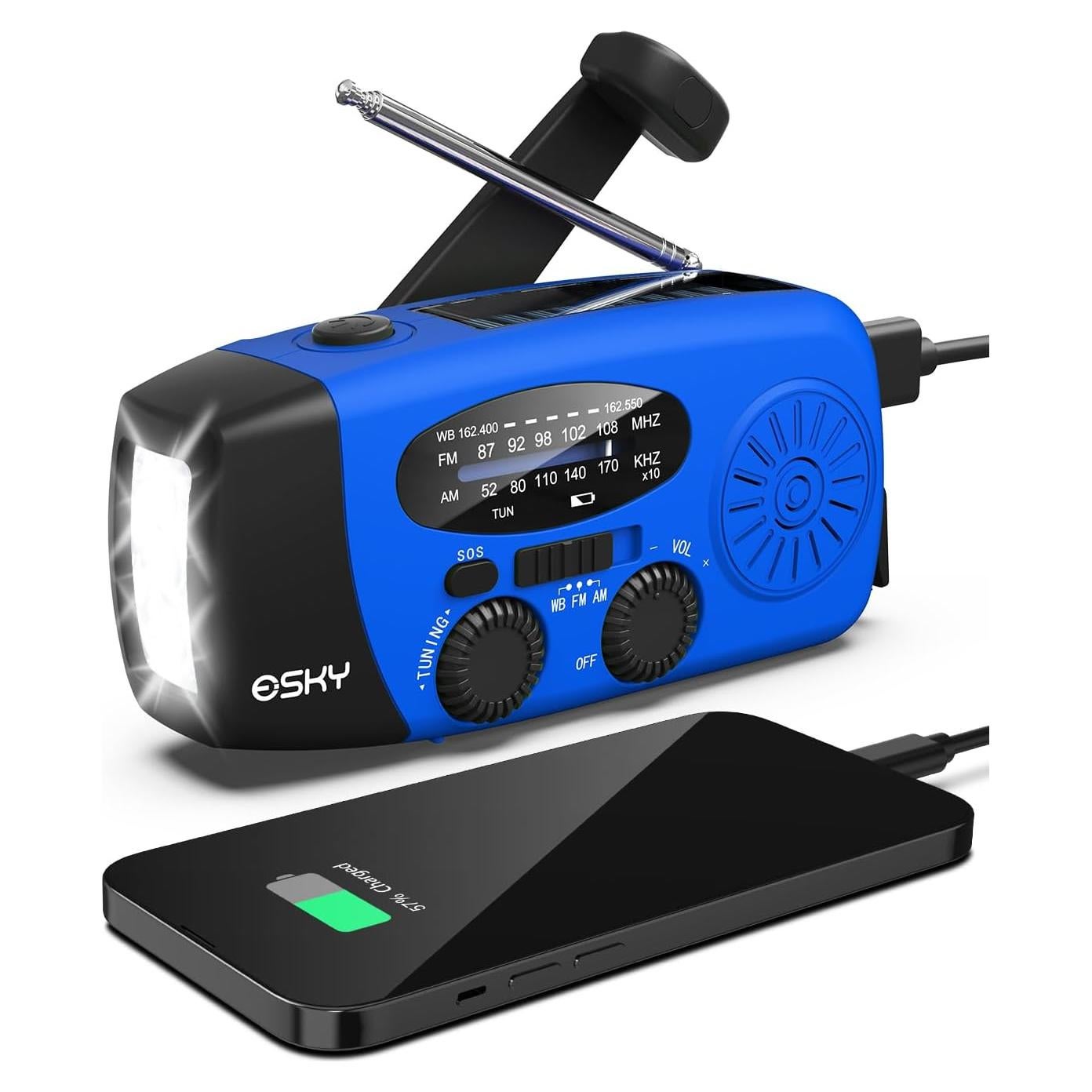 Radio de Manivela de Emergencia Esky 2000mAh AM/FM NOAA Azul