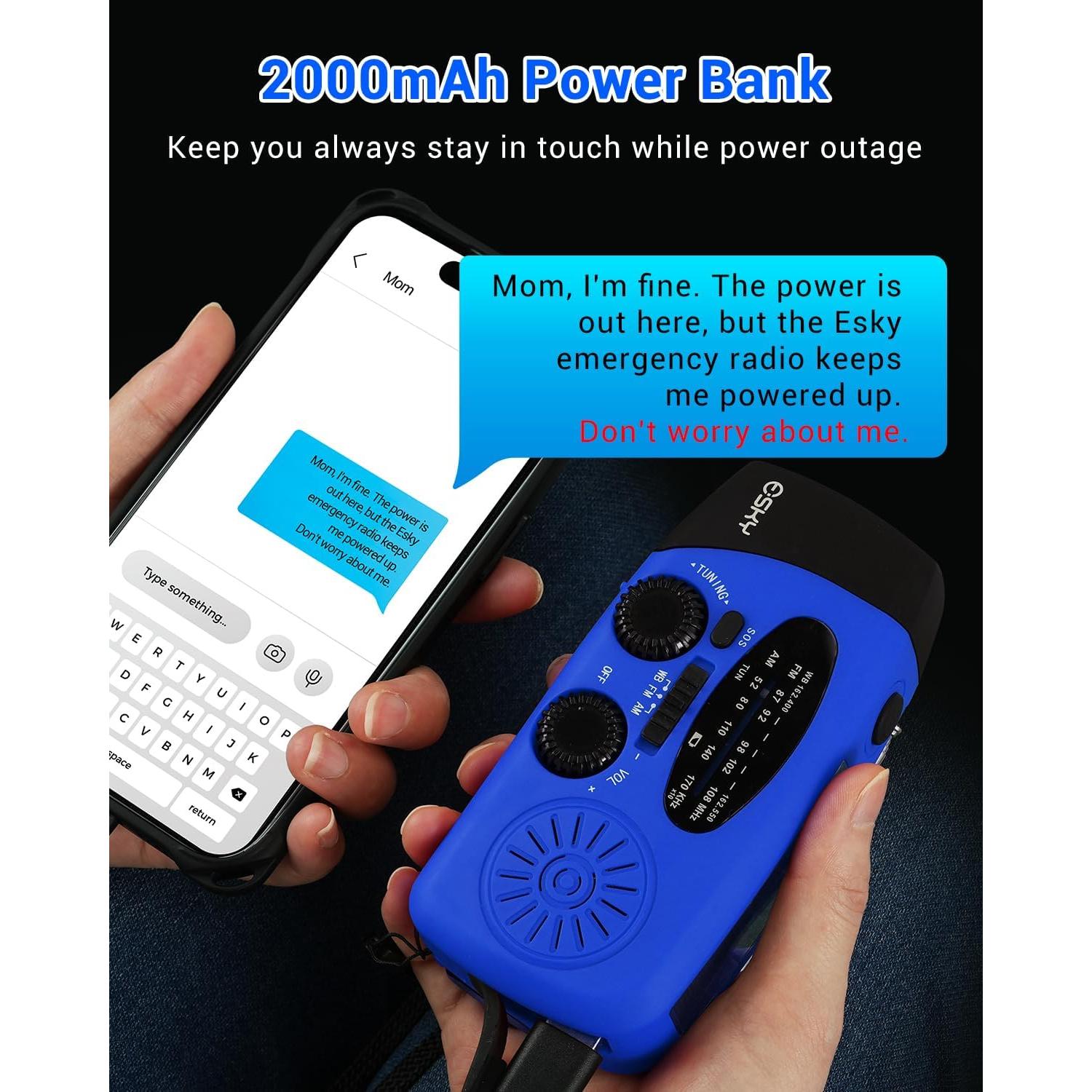 Radio de Manivela de Emergencia Esky 2000mAh AM/FM NOAA Azul