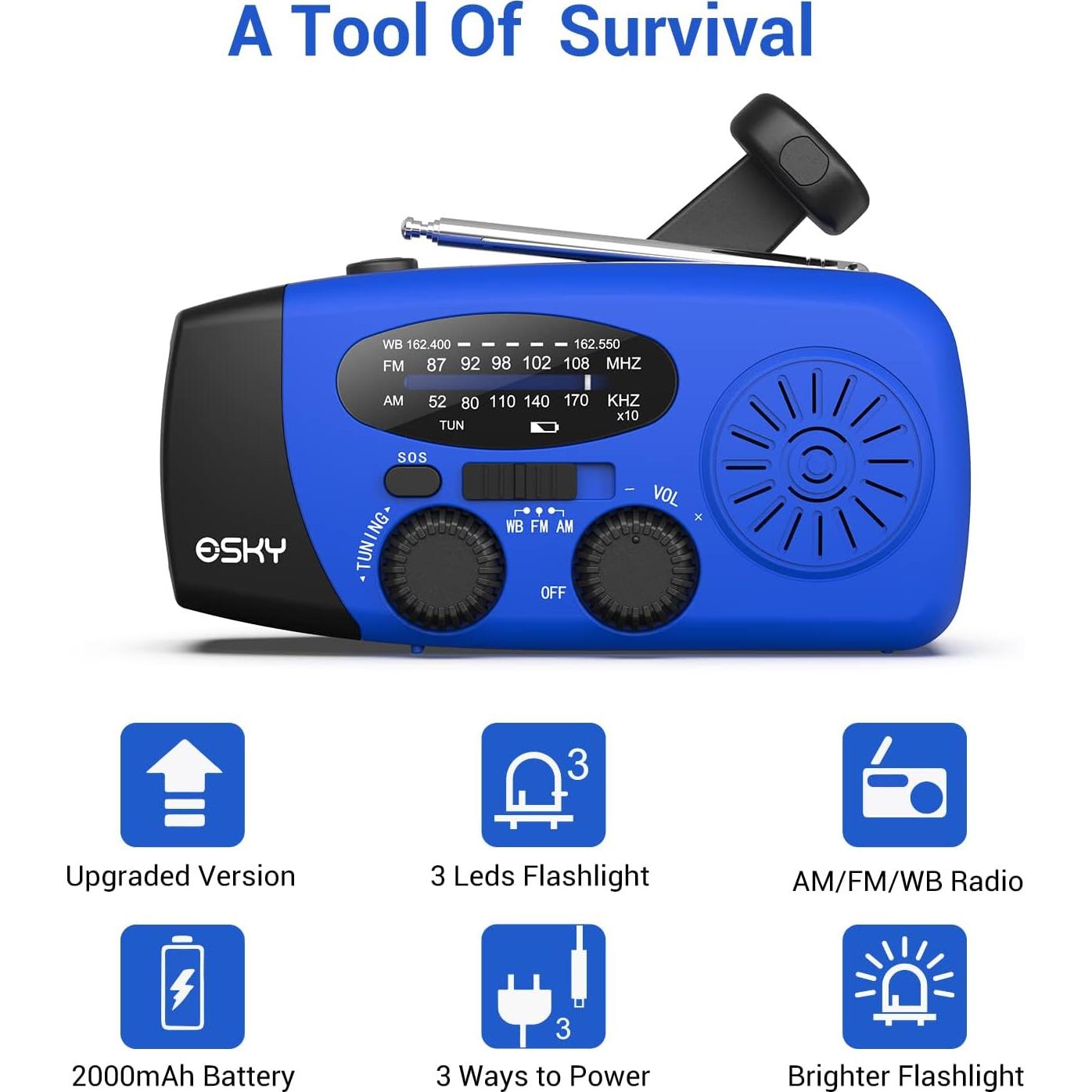 Radio de Manivela de Emergencia Esky 2000mAh AM/FM NOAA Azul