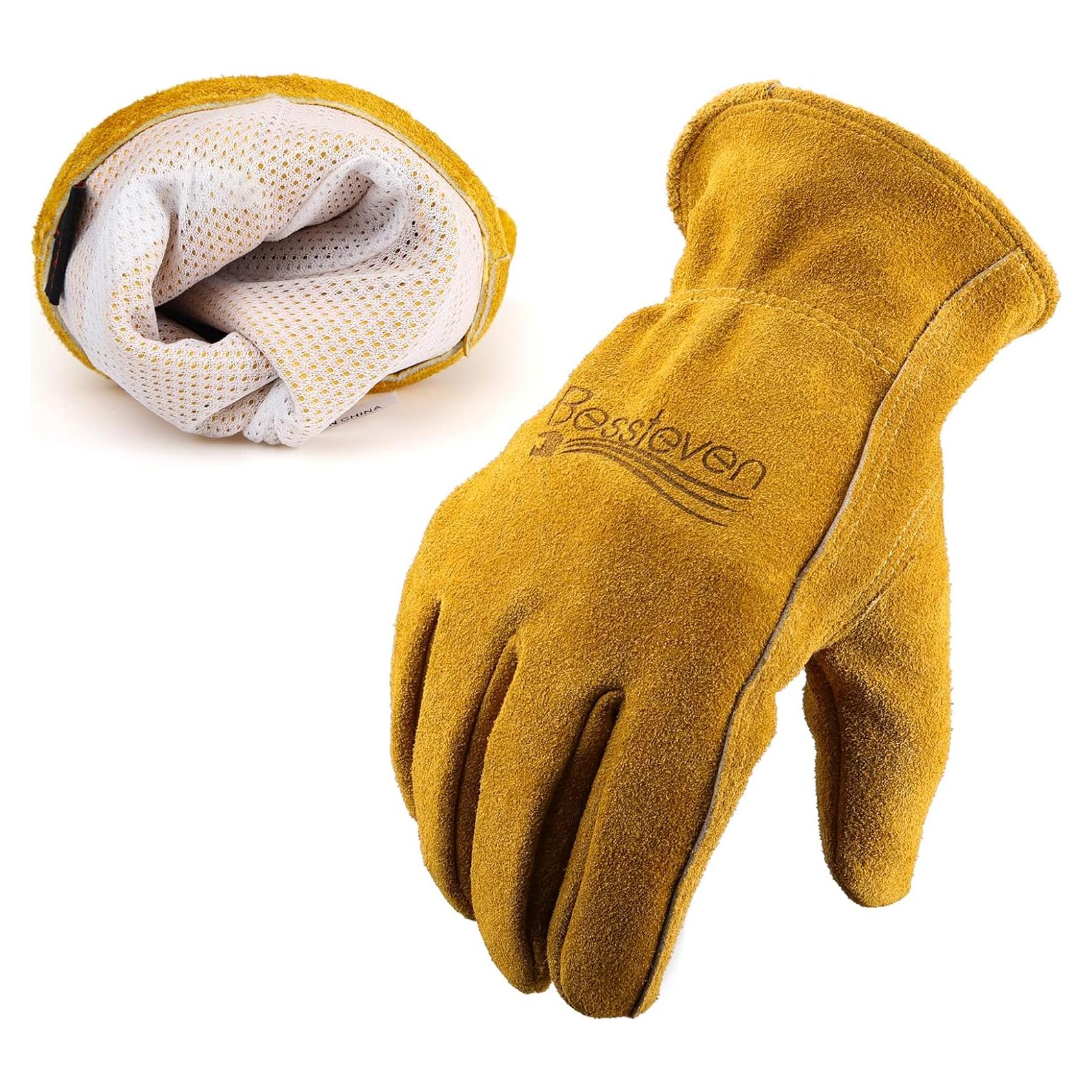 Guantes de Jardinería de Cuero Vaca Amarillo XL para Trabajo