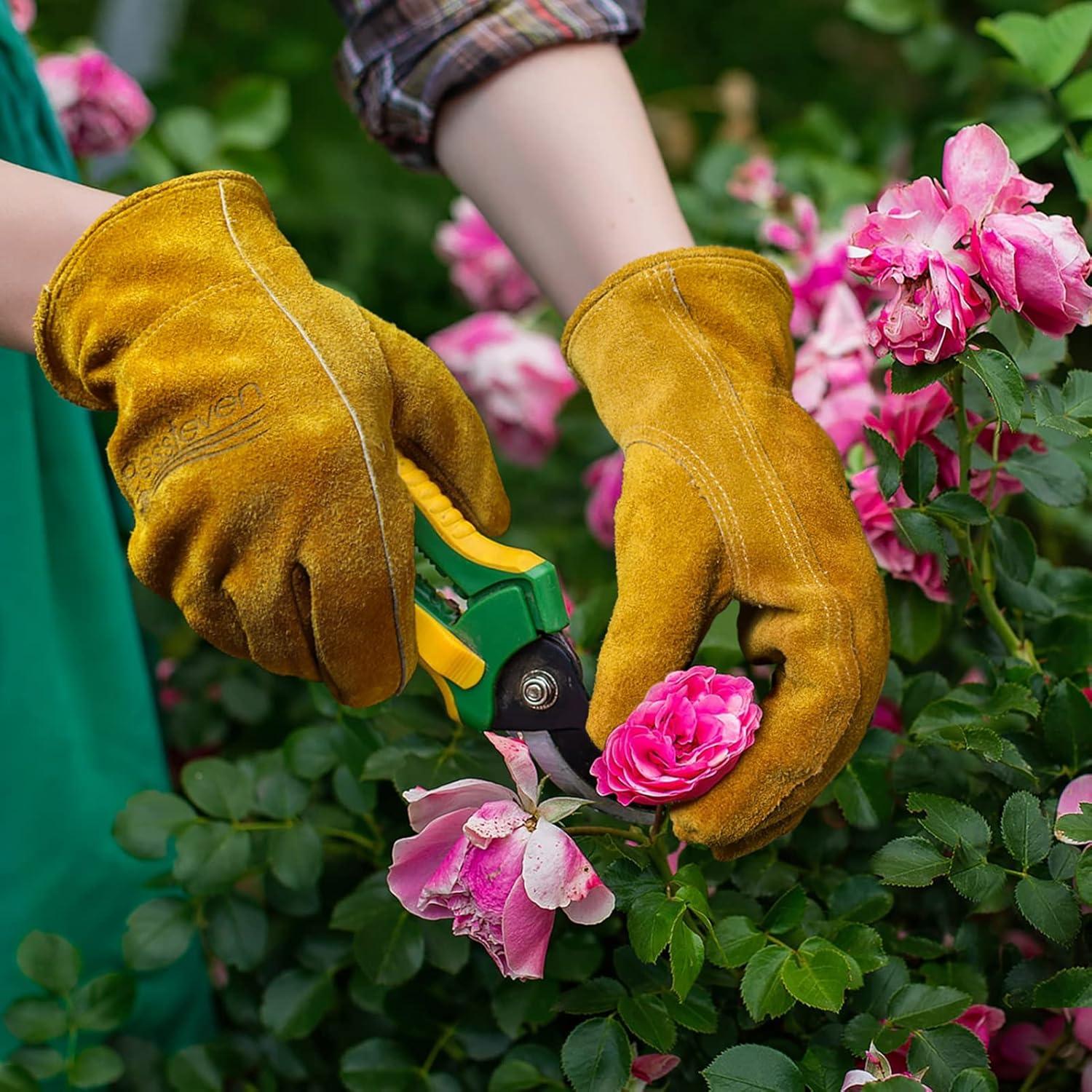 Guantes de Jardinería de Cuero Vaca Amarillo XL para Trabajo