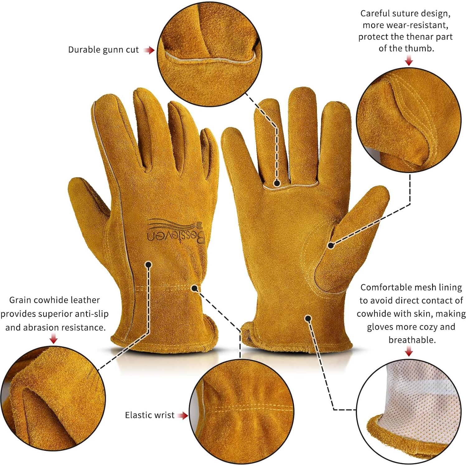 Guantes de Jardinería de Cuero Vaca Amarillo XL para Trabajo
