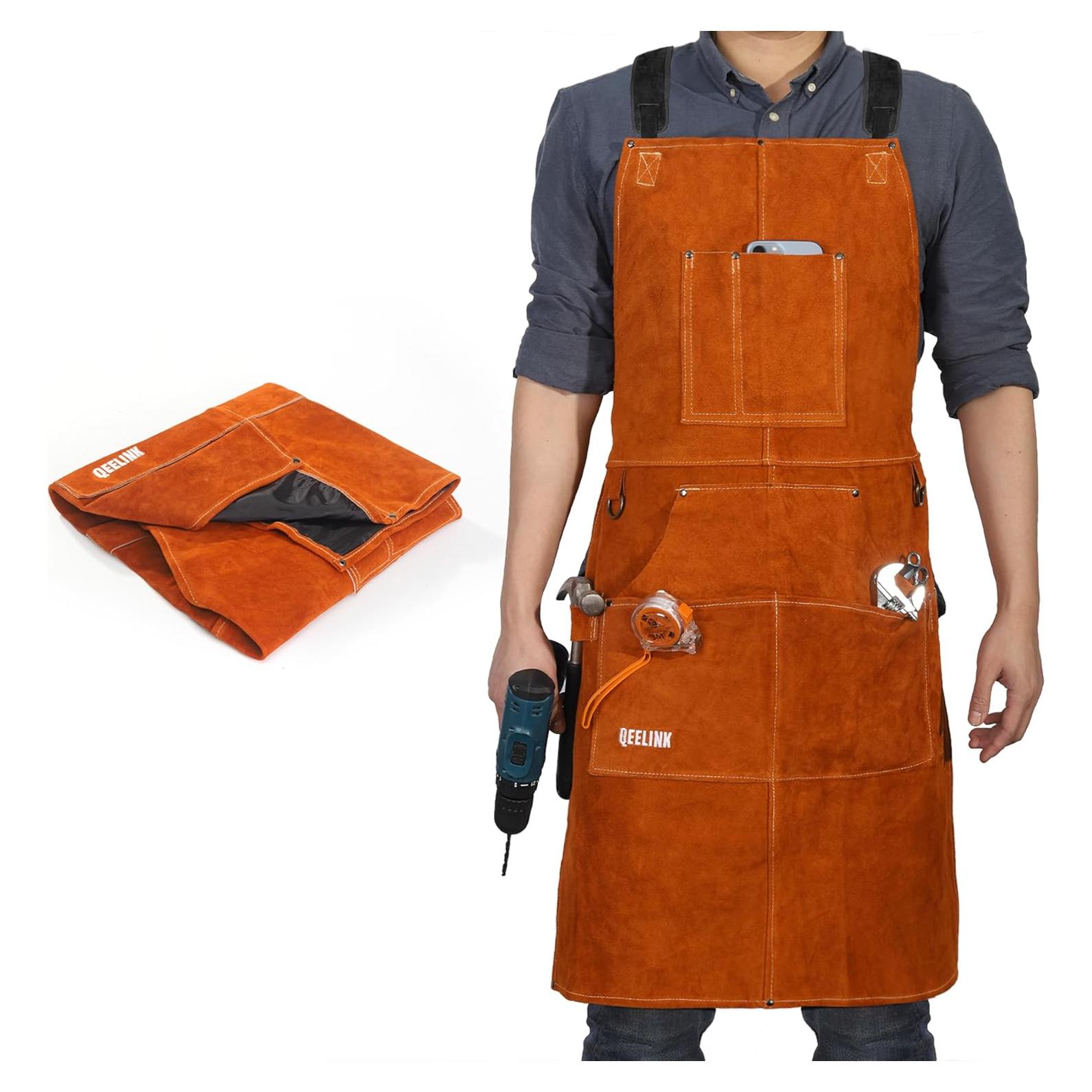 Delantal de soldadura QeeLink de cuero con 6 bolsillos