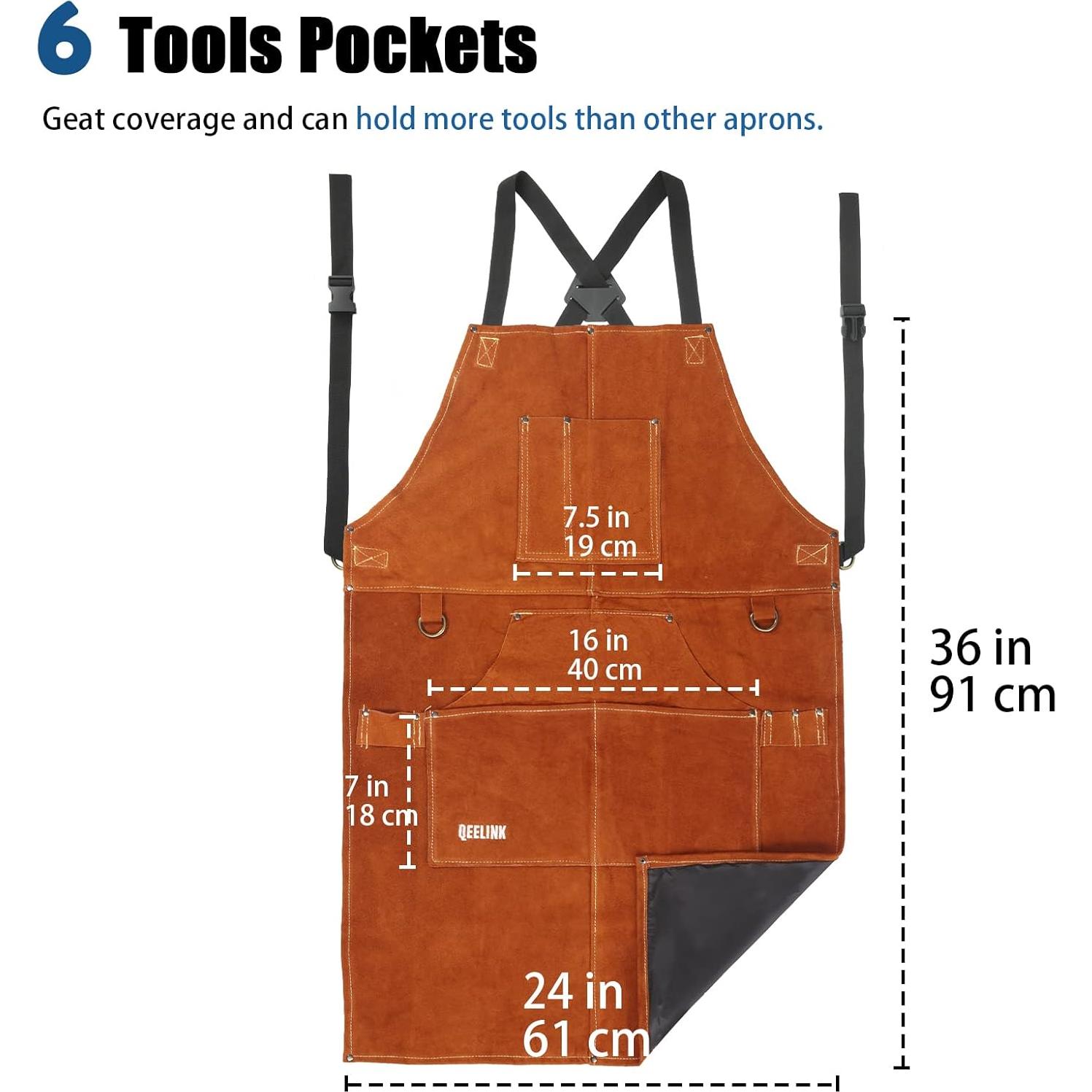 Delantal de soldadura QeeLink de cuero con 6 bolsillos