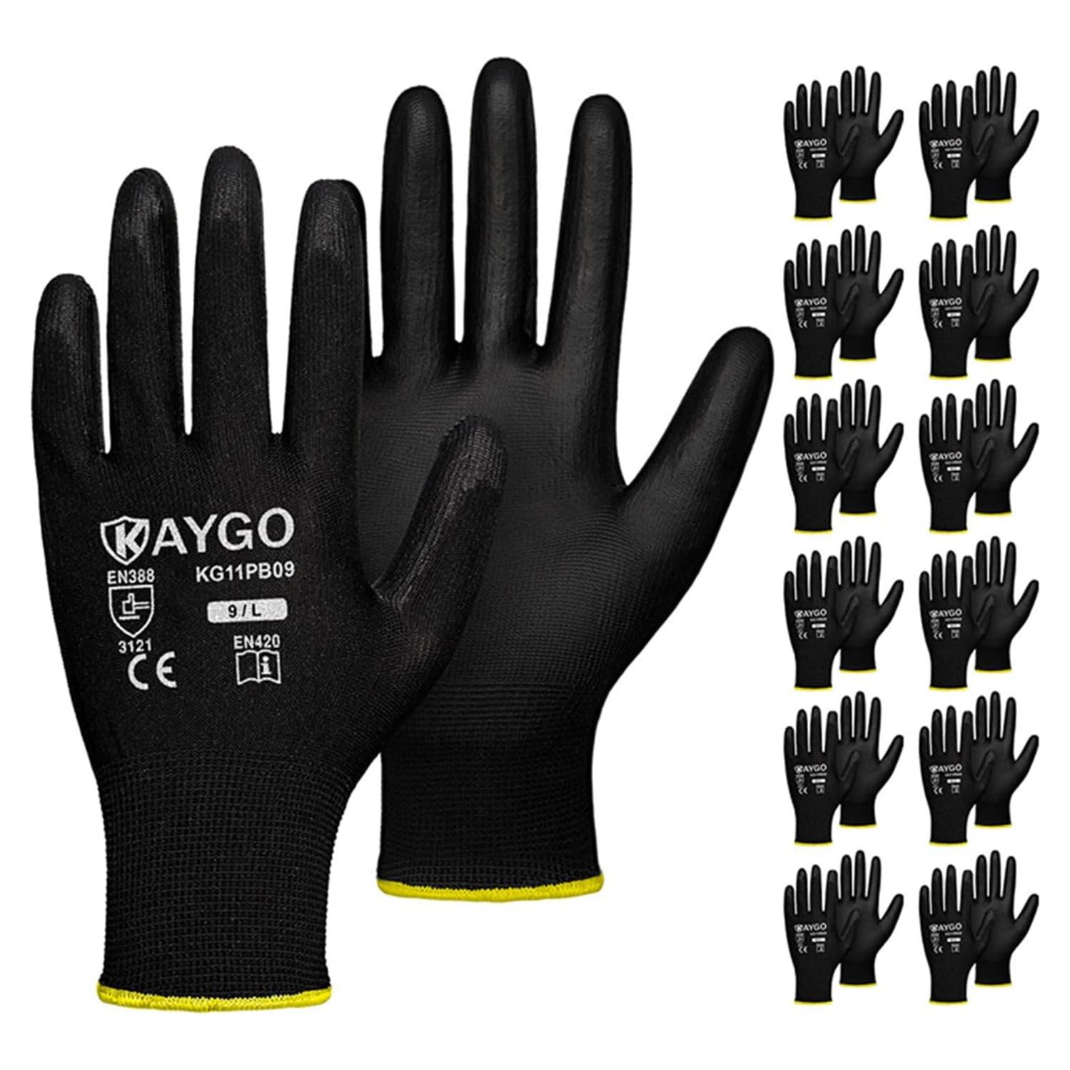 Guantes de Trabajo KAYGO KG11P Recubiertos PU 12 Pares Negros