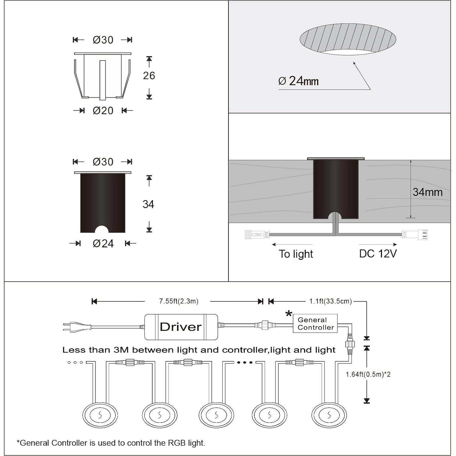Kits de luces LED empotradas YZGWZLD 10 paquetes IP67 RGB 3.0 cm