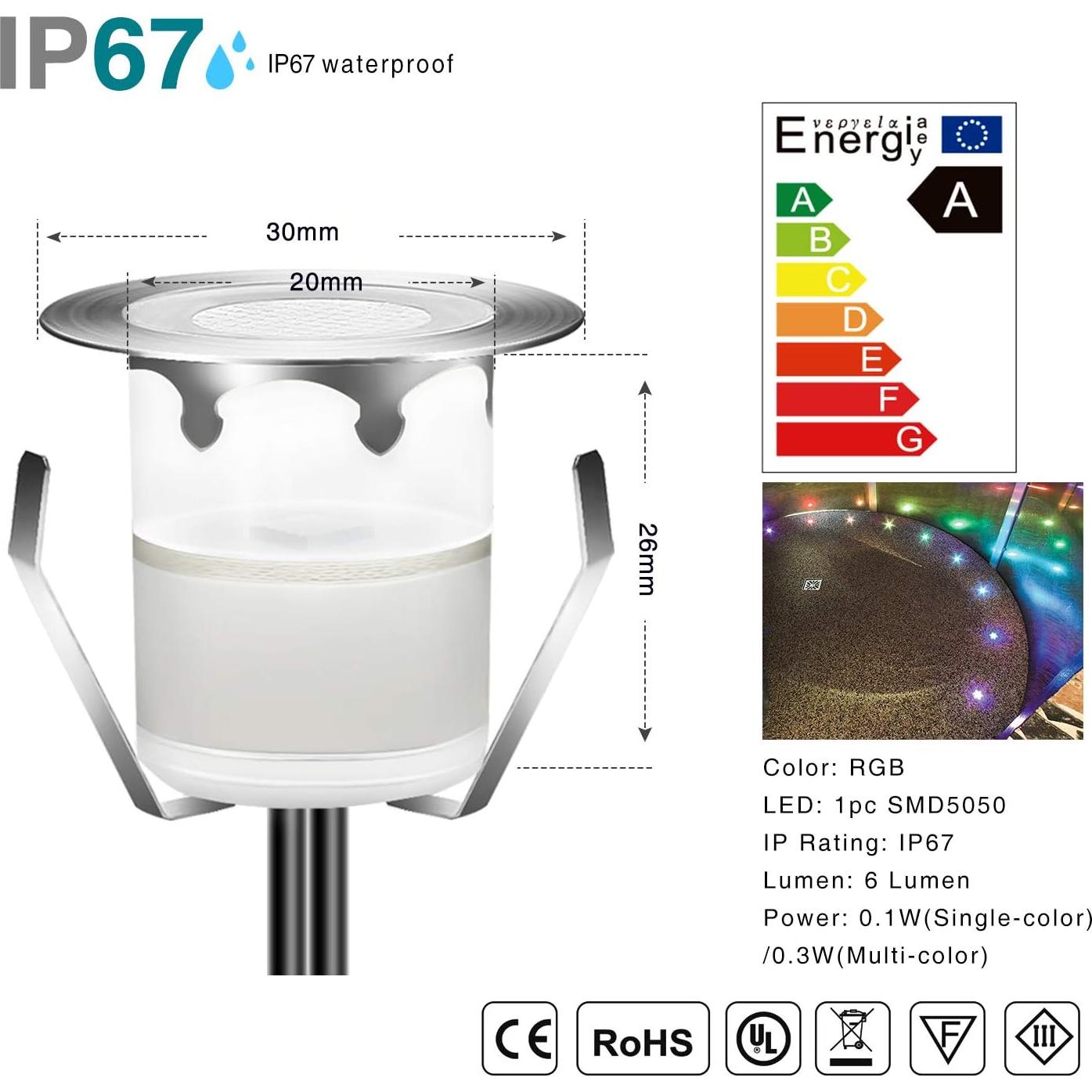 Kits de luces LED empotradas YZGWZLD 10 paquetes IP67 RGB 3.0 cm