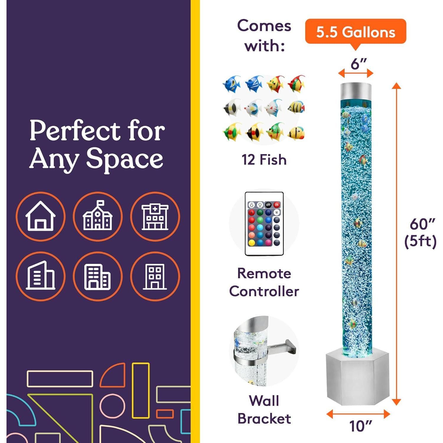 Tubo de Burbuja Sensorial LED 16 Colores con Peces - 152 cm