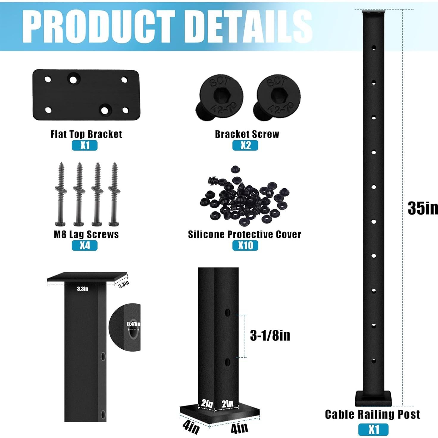 Poste de Barandilla de Cable Patavin 91.44 cm Metal Negro