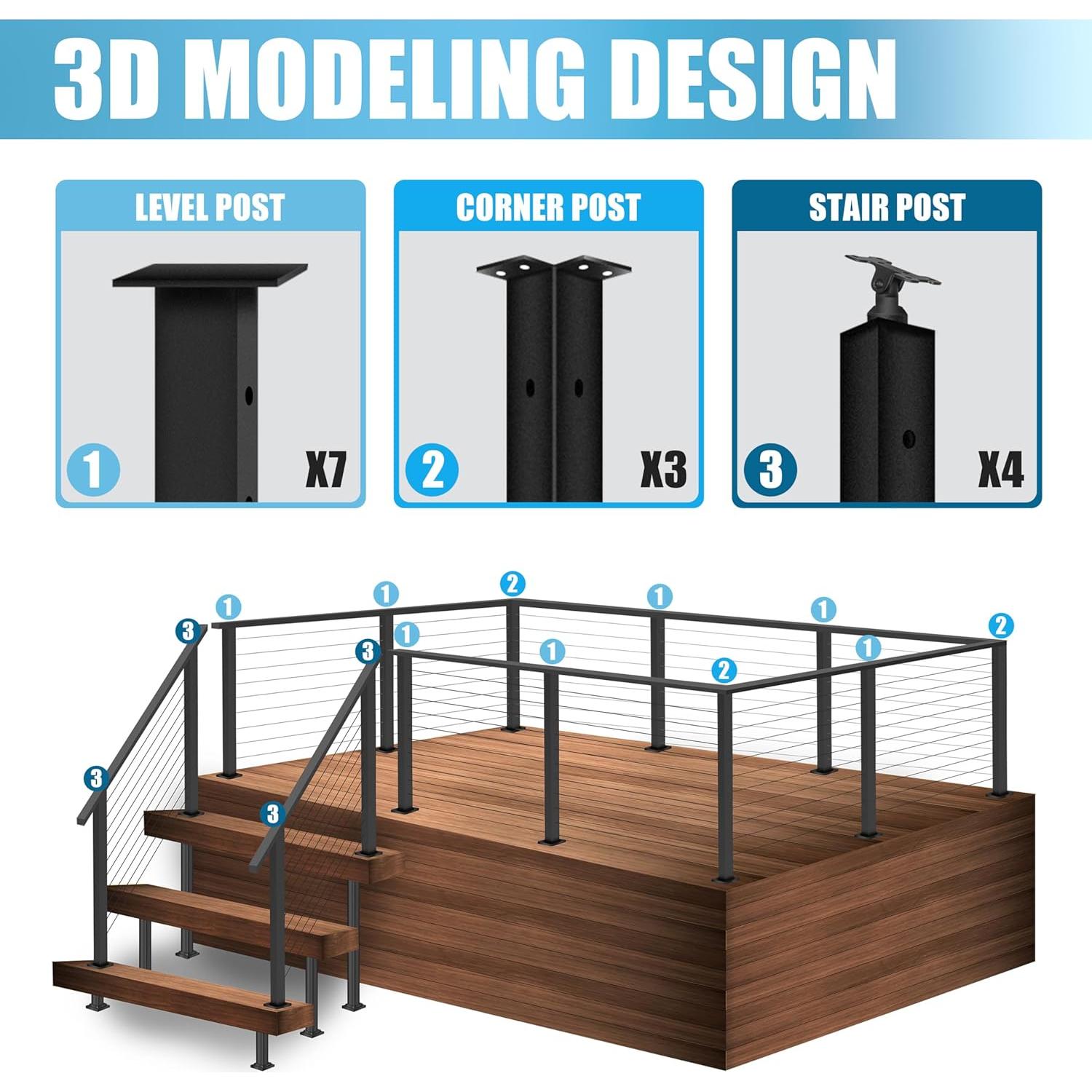 Poste de Barandilla de Cable Patavin 91.44 cm Metal Negro