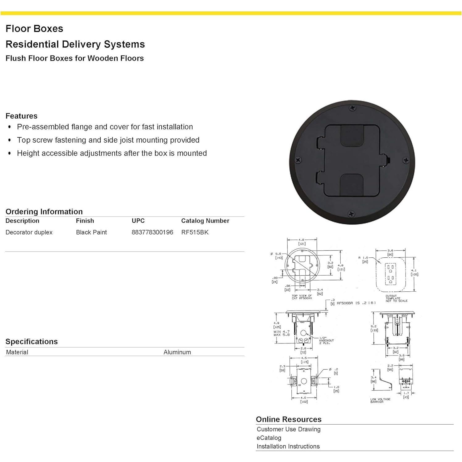 Caja de Piso Ajustable Bryant Electric RF515BK, Madera Negra