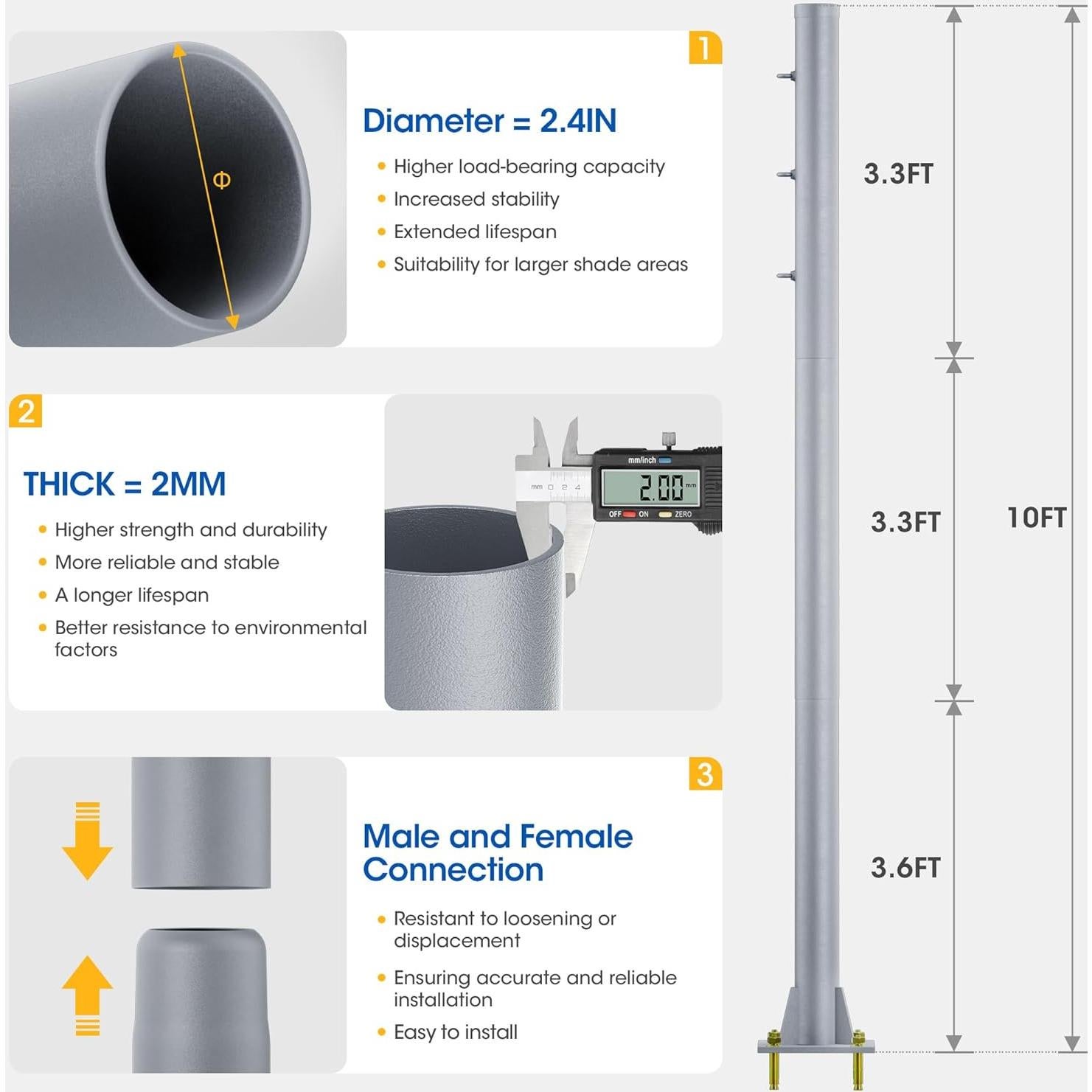 Postes de Sombra Yakmax 3.05m Acero Gris Profundo - 2 Unidades
