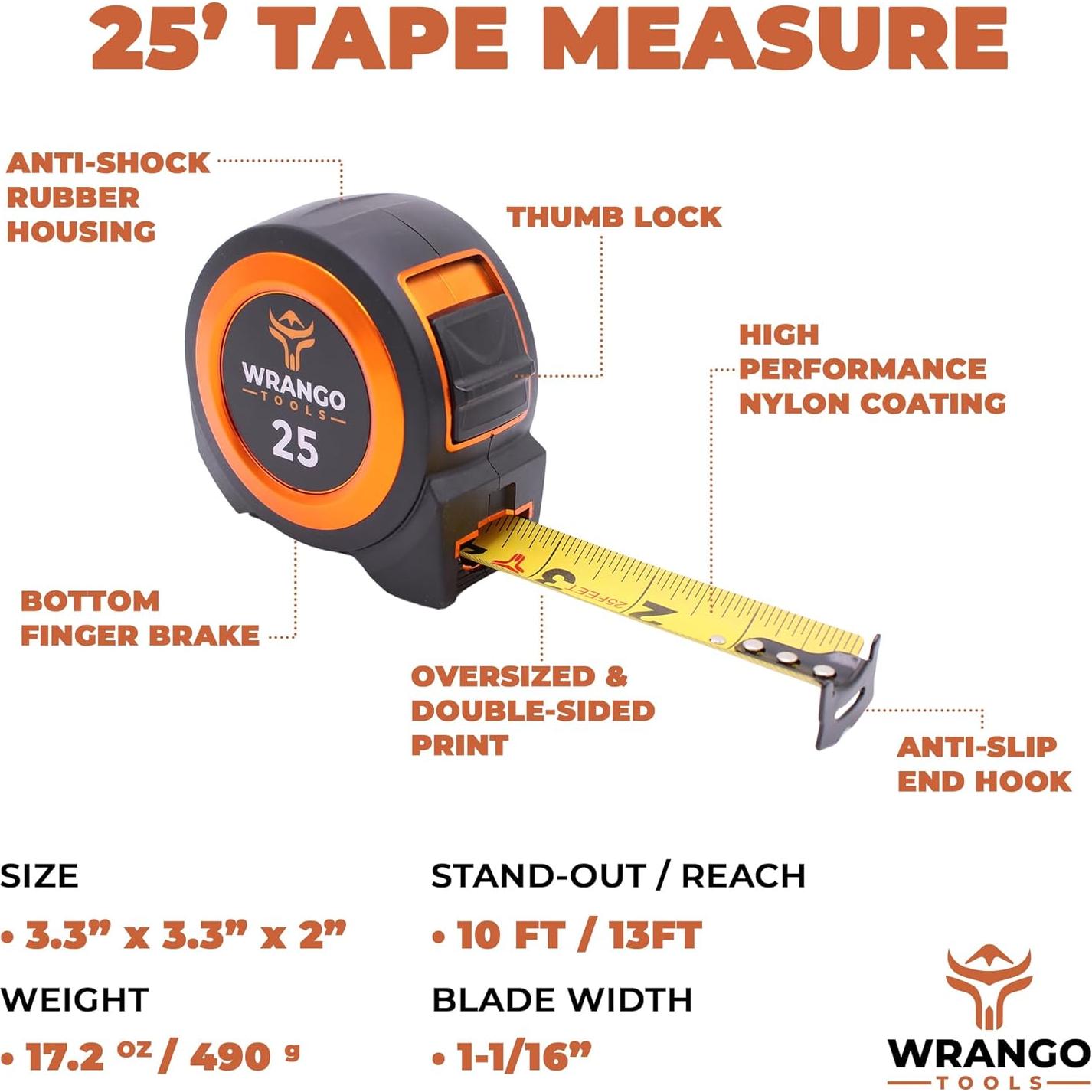 Cinta Métrica Wrango Tools 25 PIES (2PK) - Doble Cara, Bloqueo