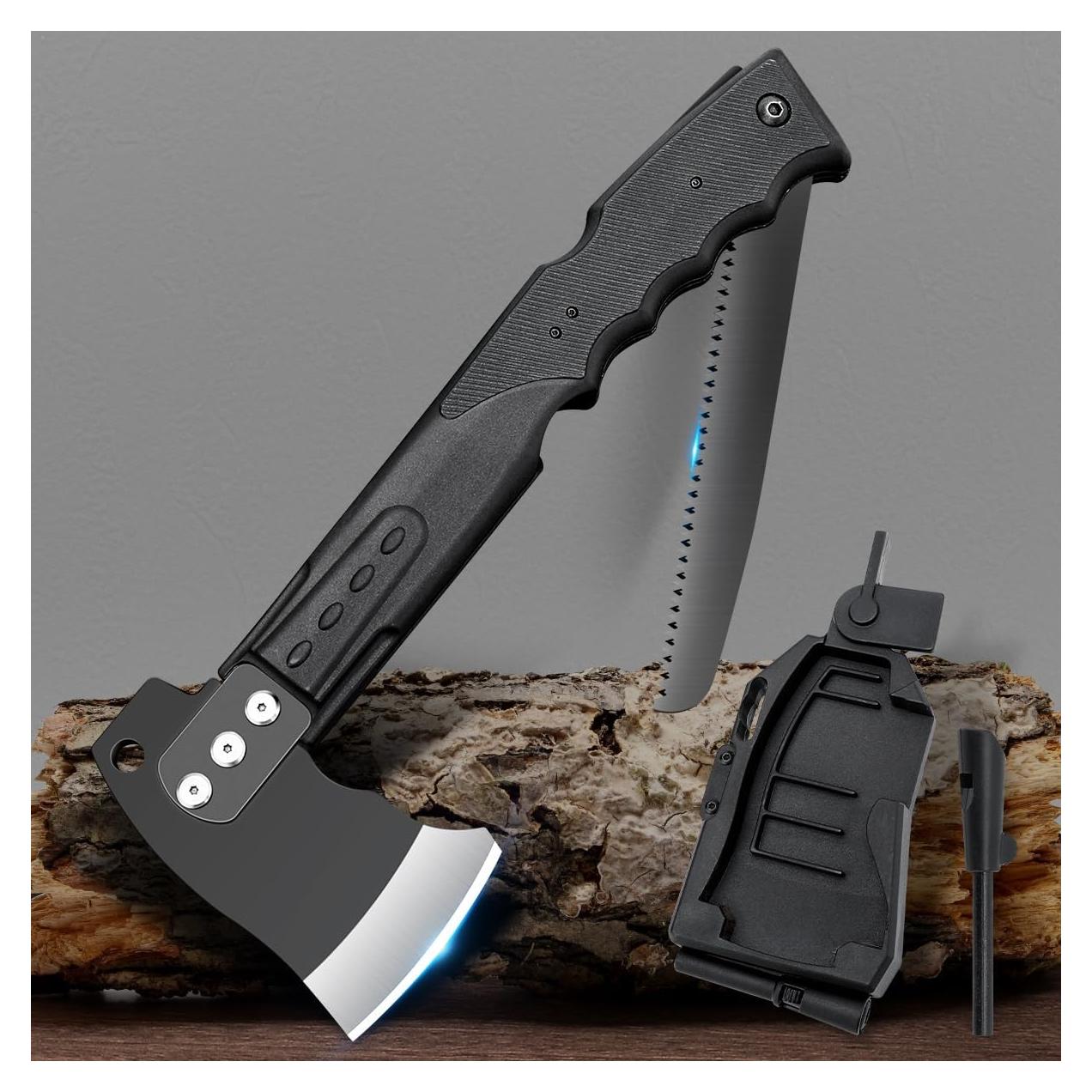 Multifunctional Hammer Head Axe Survival Tactical Tool - Folding Saw, Flintstone Whistle with Axe Sheath - Camping Hatchet for Outdoor Hiking