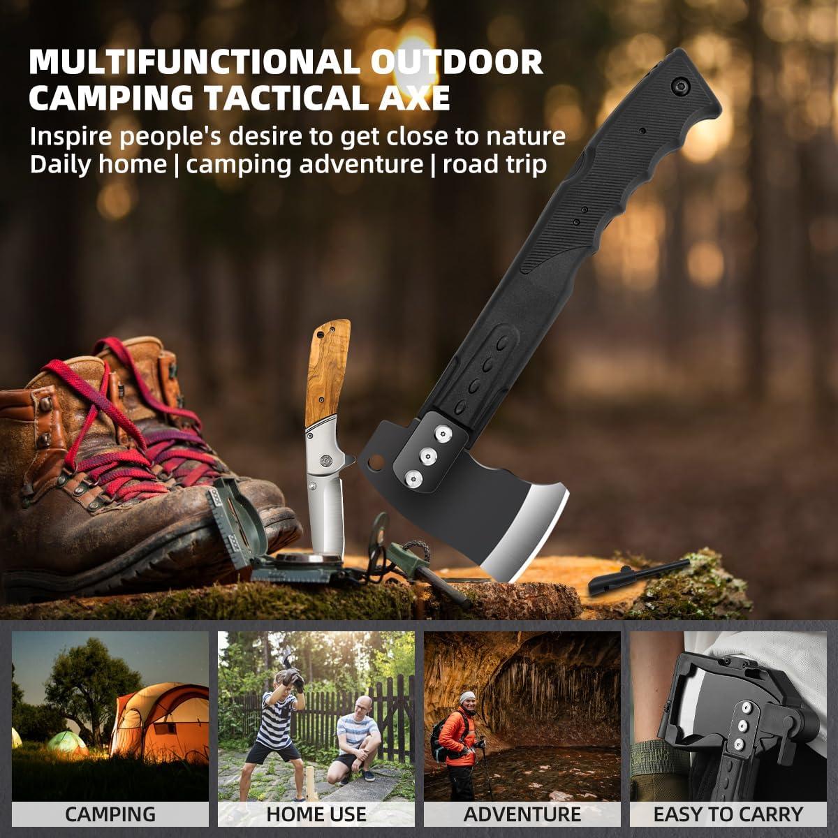 Multifunctional Hammer Head Axe Survival Tactical Tool - Folding Saw, Flintstone Whistle with Axe Sheath - Camping Hatchet for Outdoor Hiking