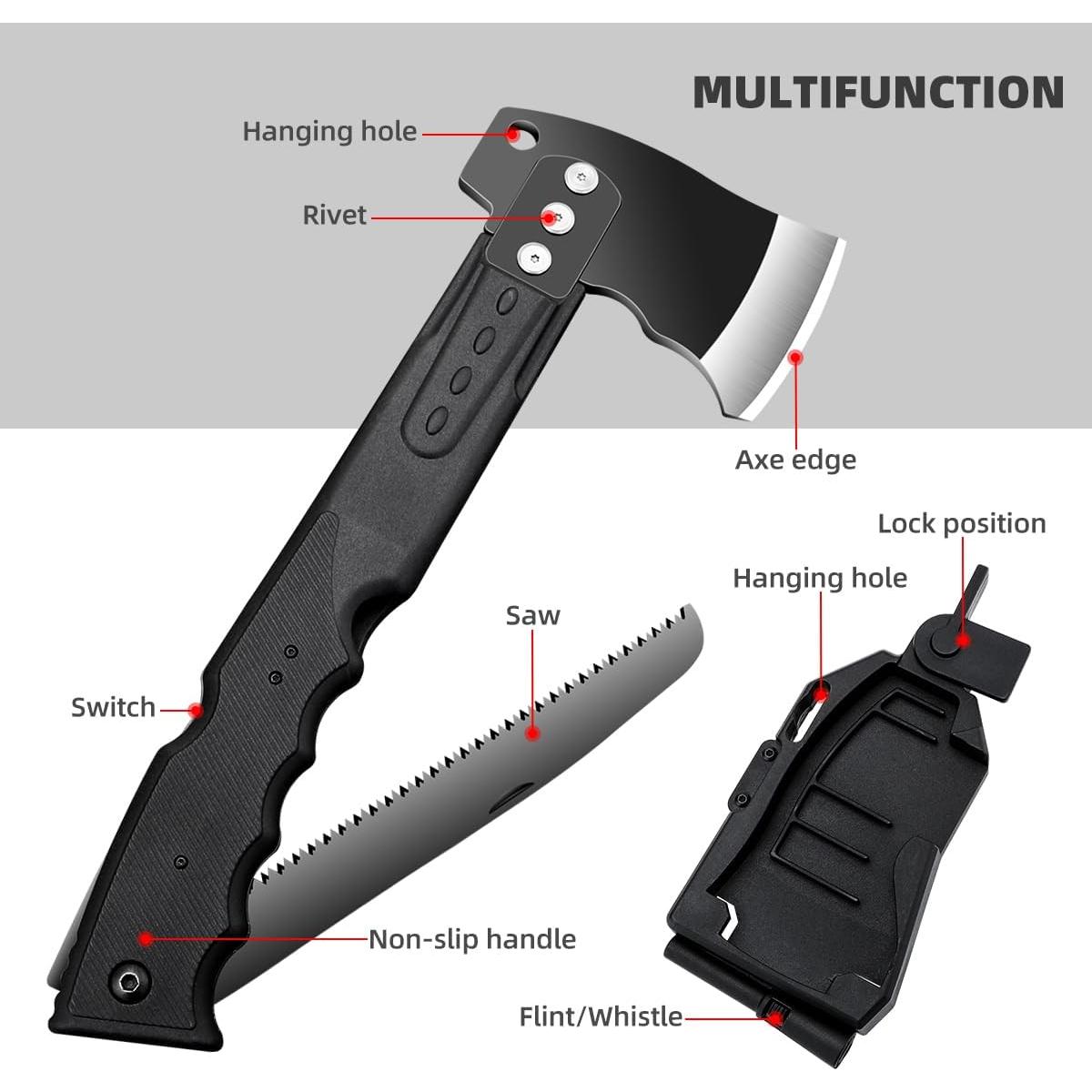 Multifunctional Hammer Head Axe Survival Tactical Tool - Folding Saw, Flintstone Whistle with Axe Sheath - Camping Hatchet for Outdoor Hiking