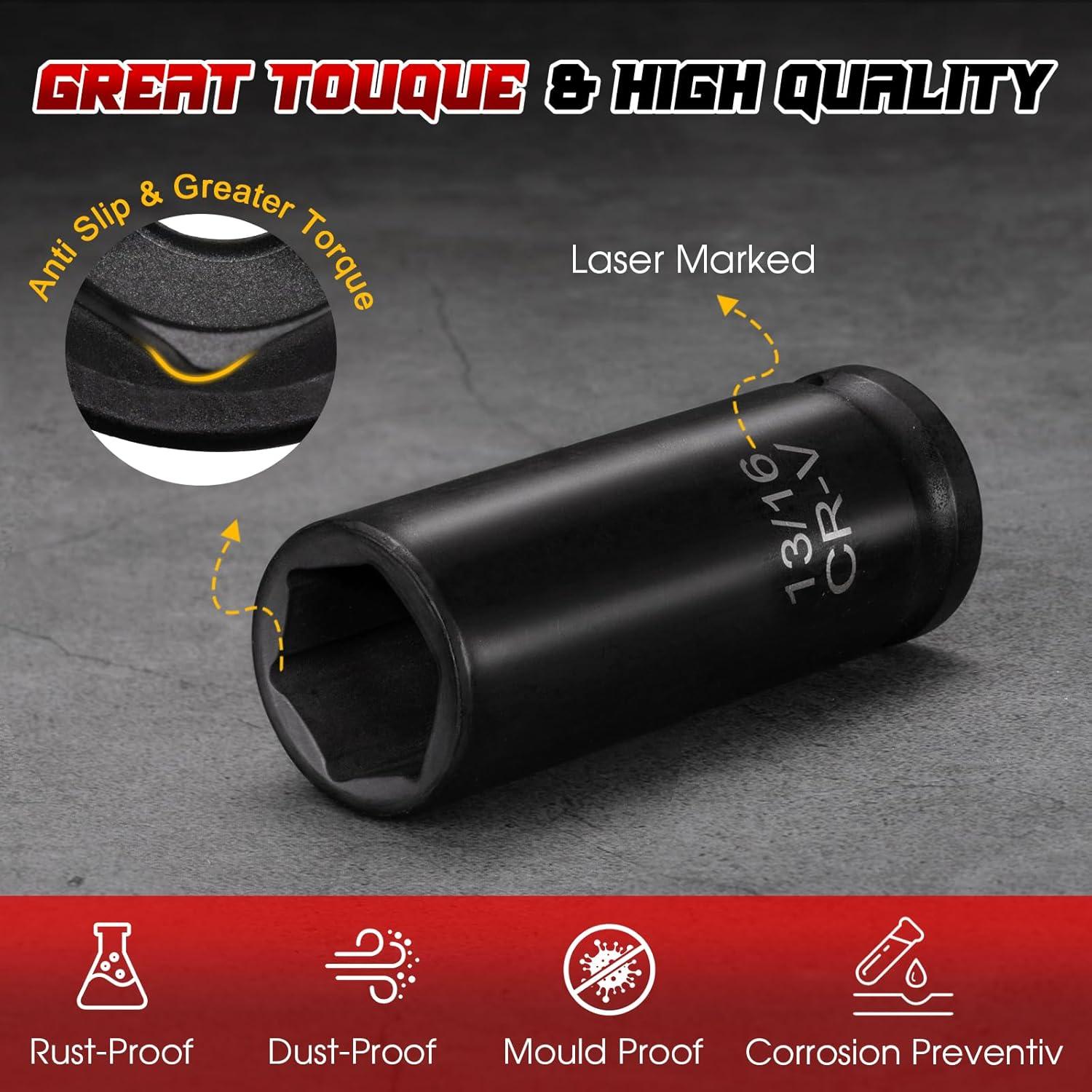 Juego de Enchufes de Impacto TOHOME 29 Piezas 1/2" Acero Cr-V-M