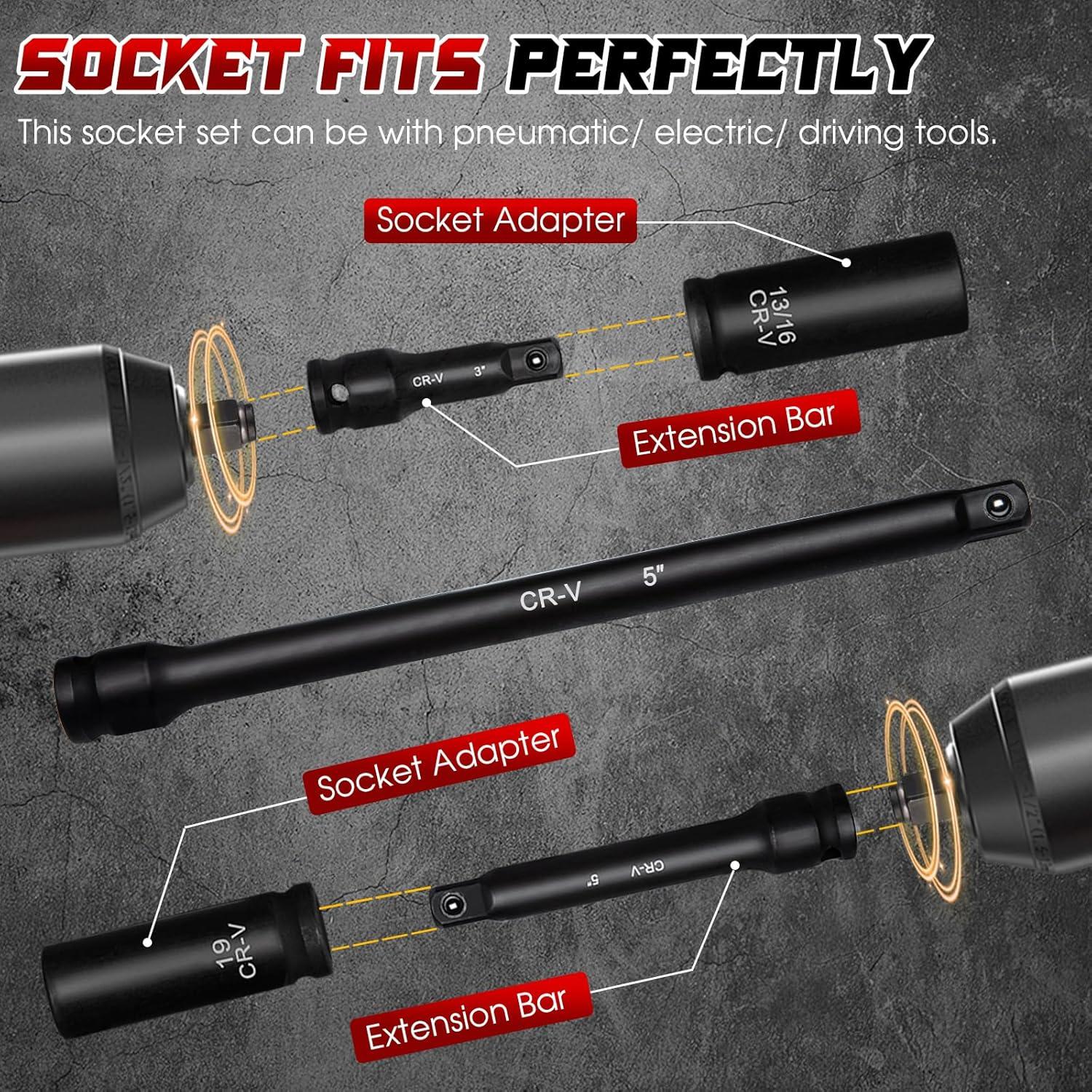 Juego de Enchufes de Impacto TOHOME 29 Piezas 1/2" Acero Cr-V-M