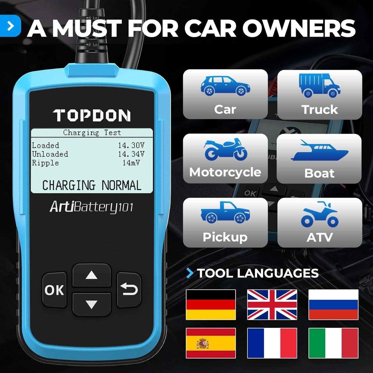 Probador de Batería TOPDON AB101 12V para Coches y SUVs