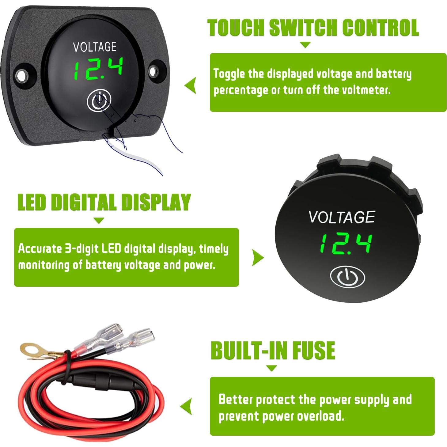 Medidor de Voltaje Digital EPLZON 12V 24V Impermeable Verde