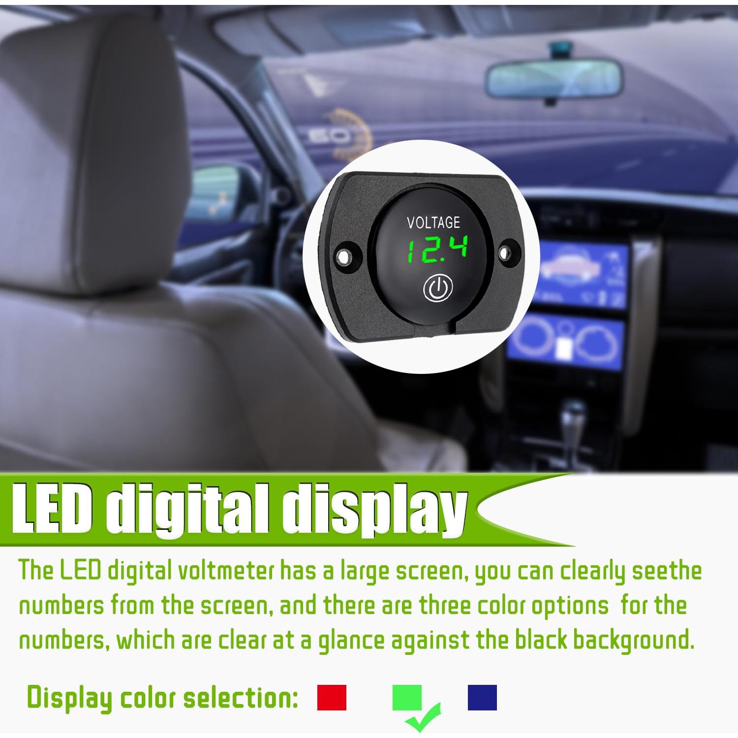 Medidor de Voltaje Digital EPLZON 12V 24V Impermeable Verde