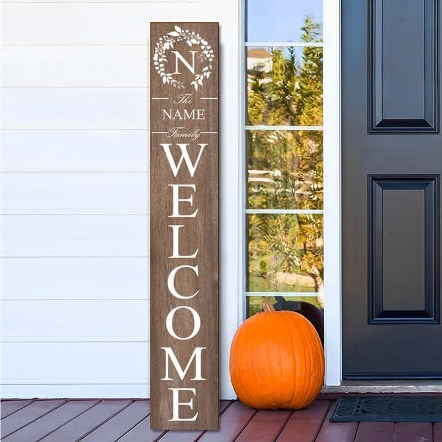 Wood Personalized Initial Family Name Welcome Sign for Porch Standing 48in×8in, Tall Custom Last Name Vertical Leaner Rustic Welcome Sign for Front Door Deck Patio Yard Home Decorations