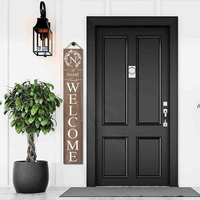 Wood Personalized Initial Family Name Welcome Sign for Porch Standing 48in×8in, Tall Custom Last Name Vertical Leaner Rustic Welcome Sign for Front Door Deck Patio Yard Home Decorations