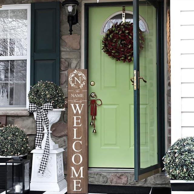 Wood Personalized Initial Family Name Welcome Sign for Porch Standing 48in×8in, Tall Custom Last Name Vertical Leaner Rustic Welcome Sign for Front Door Deck Patio Yard Home Decorations