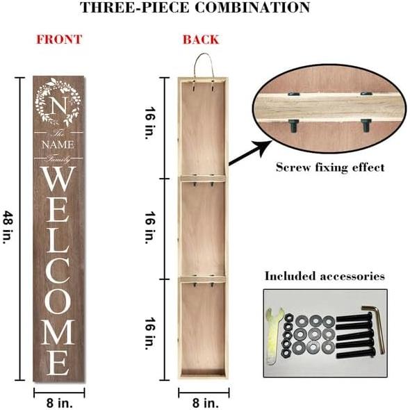 Wood Personalized Initial Family Name Welcome Sign for Porch Standing 48in×8in, Tall Custom Last Name Vertical Leaner Rustic Welcome Sign for Front Door Deck Patio Yard Home Decorations