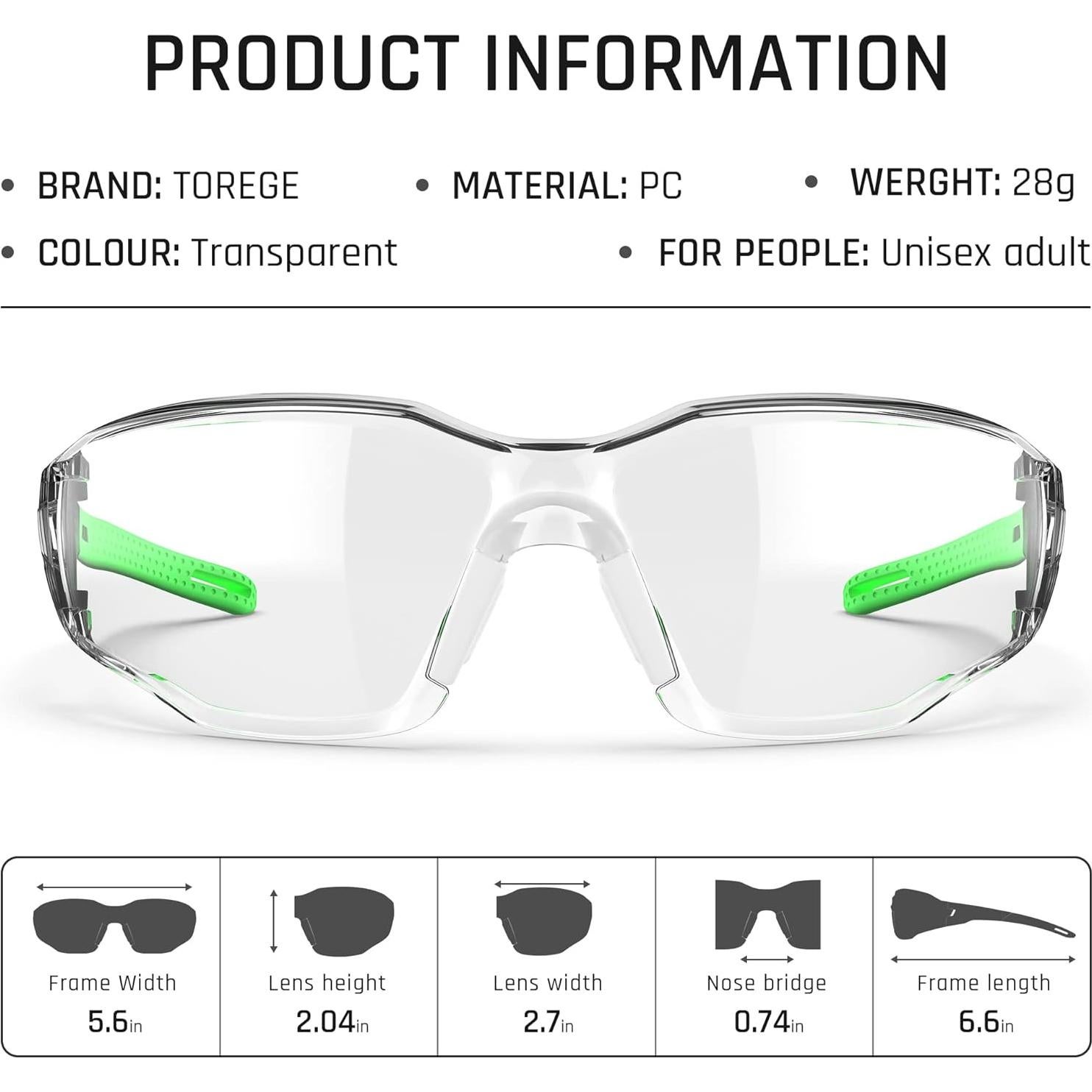 Gafas de Seguridad TOREGE Antivaho y Ajustables para Ojos