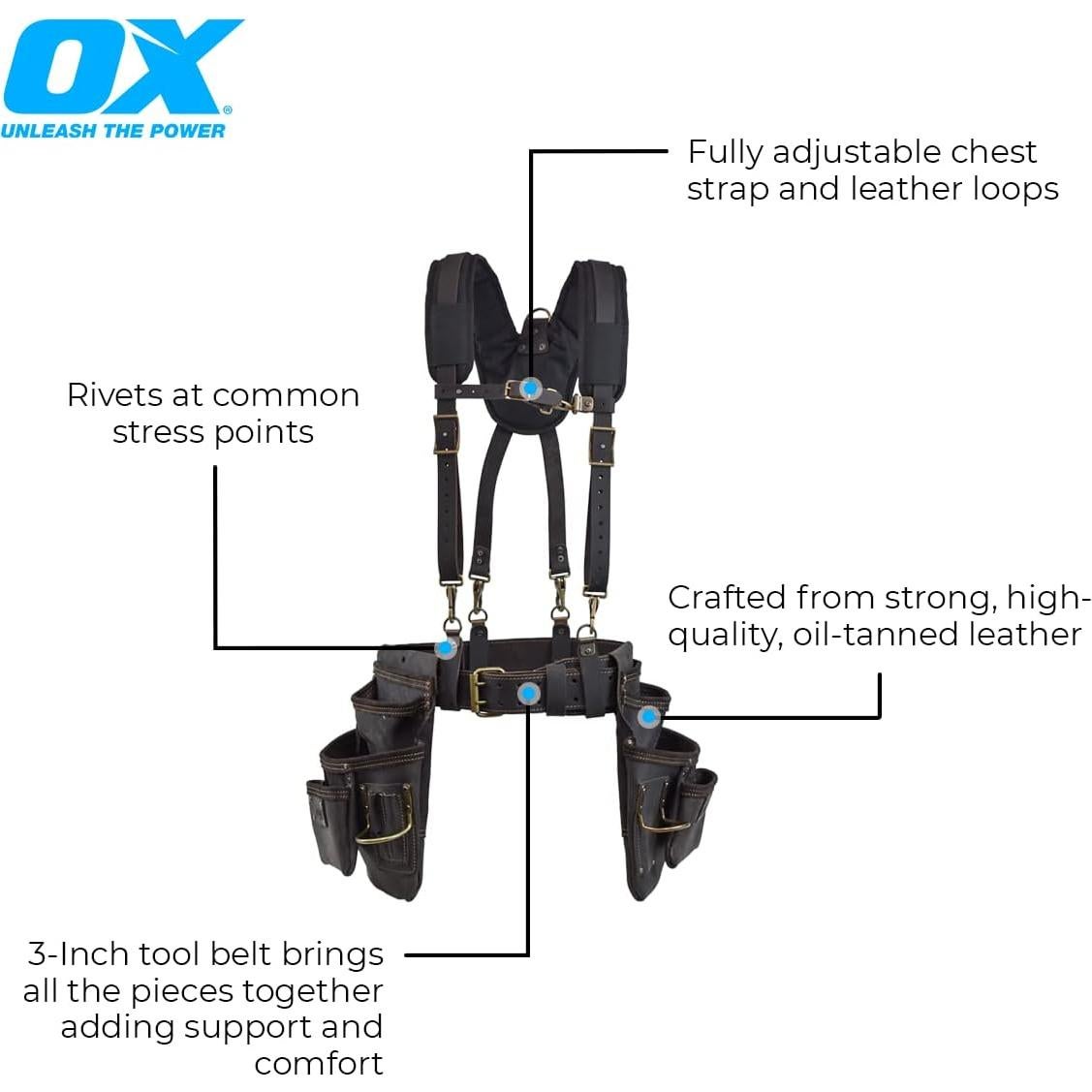 Arnés de Cuero OX Tools con Tirantes Acolchados 7 Bolsillos