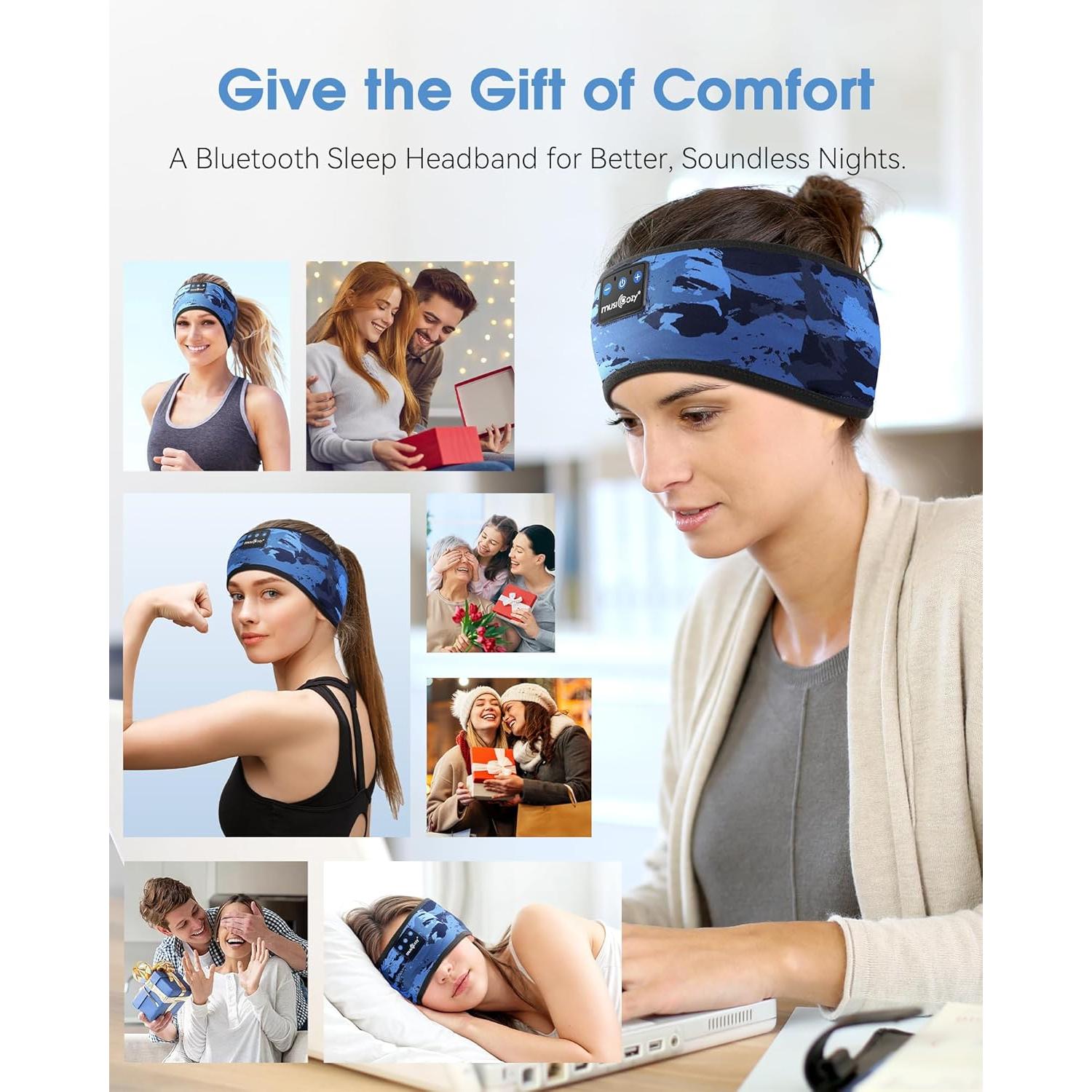 Auriculares Bluetooth MUSICOZY para Dormir y Deporte - Camuflaje Azul