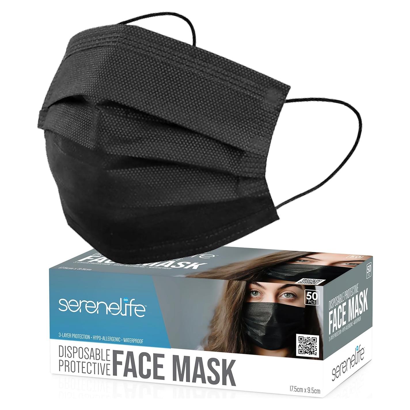Mascarillas Desechables SereneLife 50 Pzas 3 Capas Negro