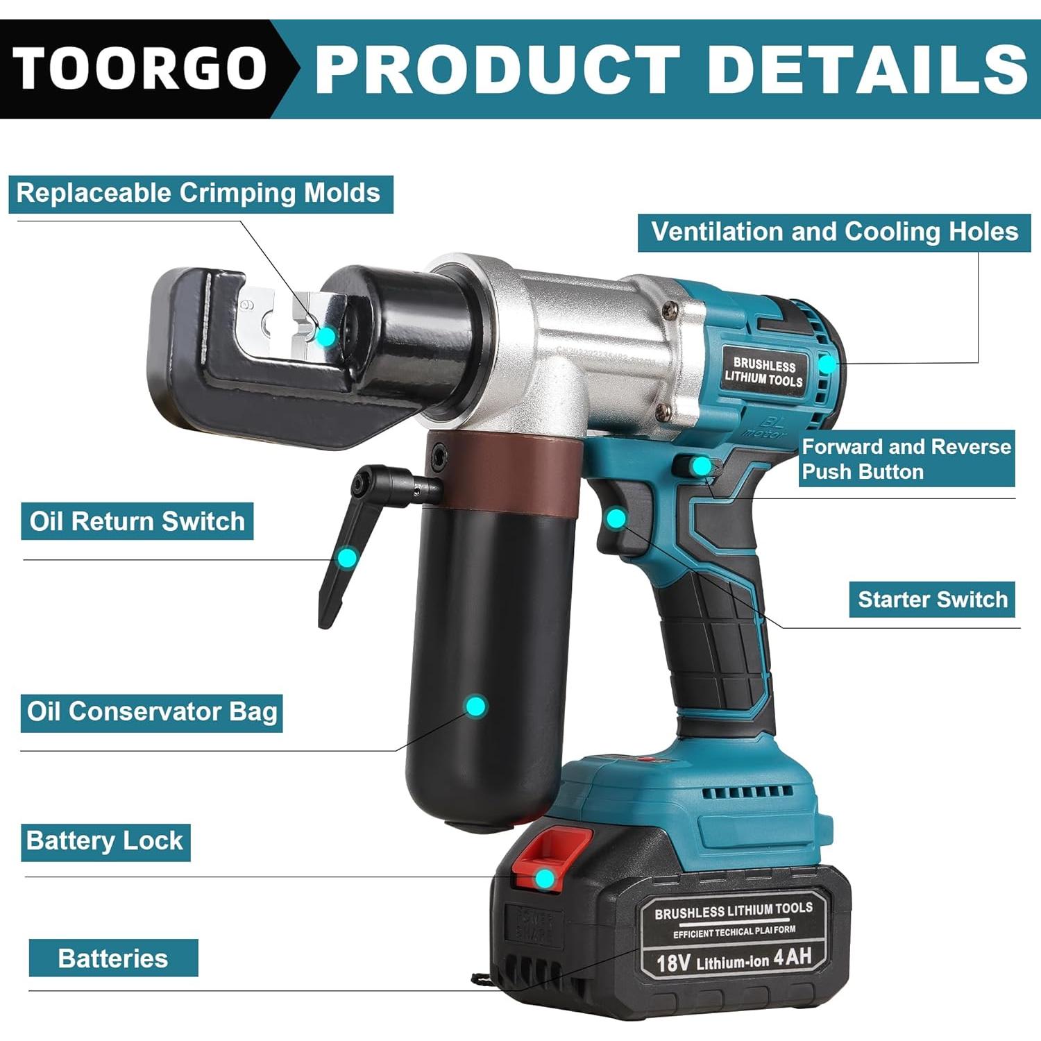 Crimpadora Eléctrica TOORGO MZS-70, 18V, 60KN, Kit Completo