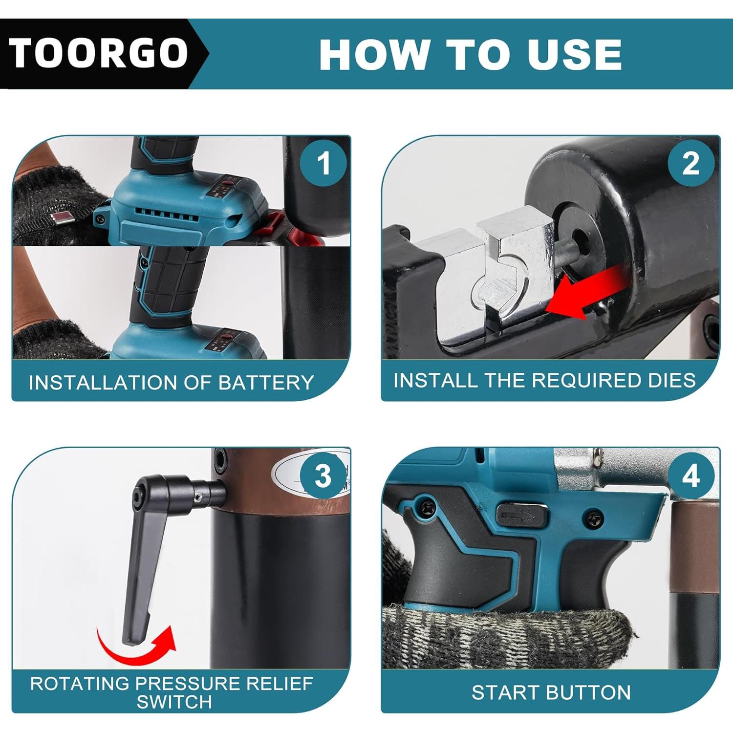 Crimpadora Eléctrica TOORGO MZS-70, 18V, 60KN, Kit Completo