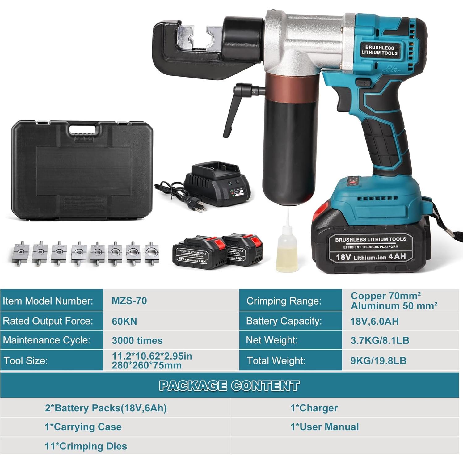 Crimpadora Eléctrica TOORGO MZS-70, 18V, 60KN, Kit Completo