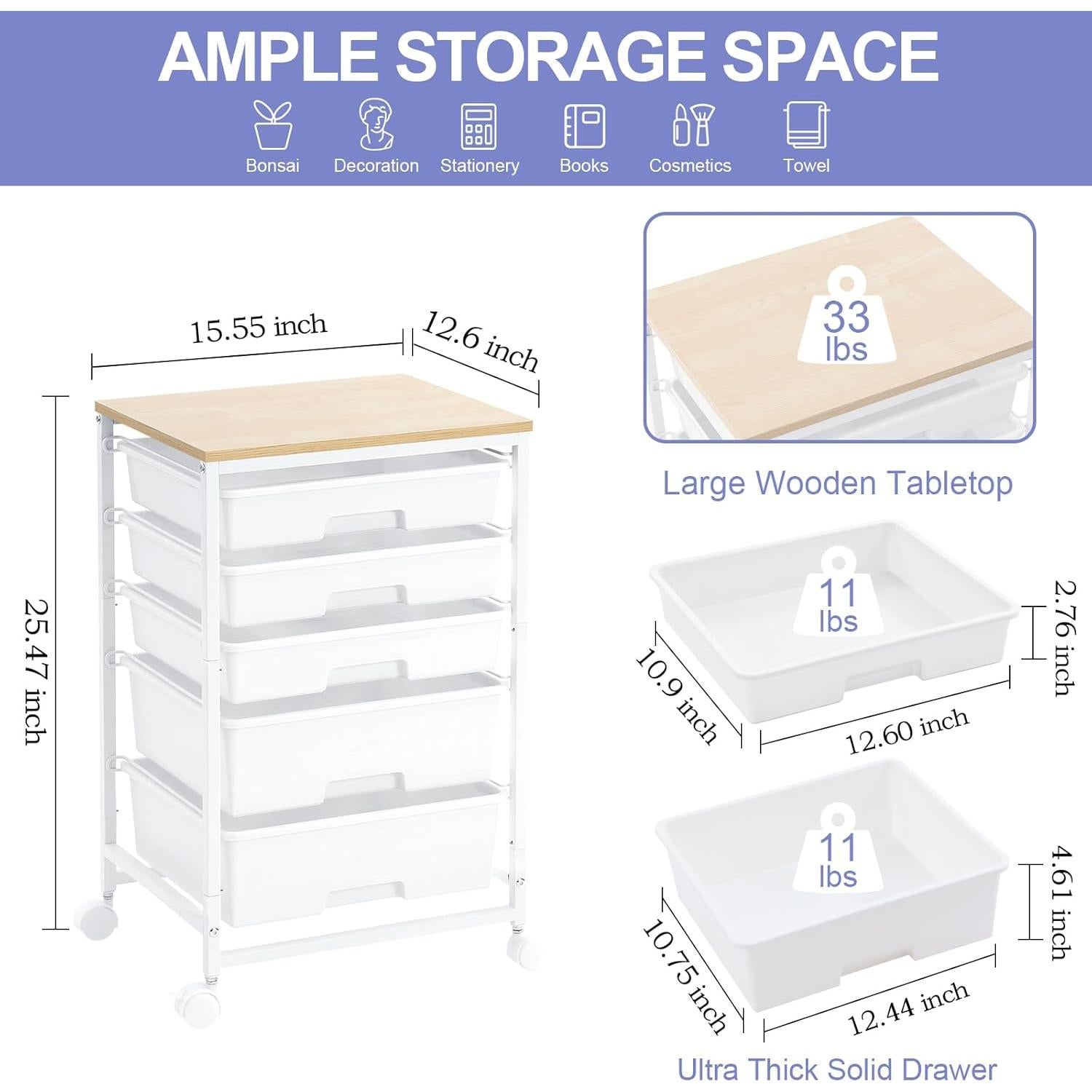 Carro de Almacenamiento SYKIARIOL 5 Cajones Blanco 64.7 cm