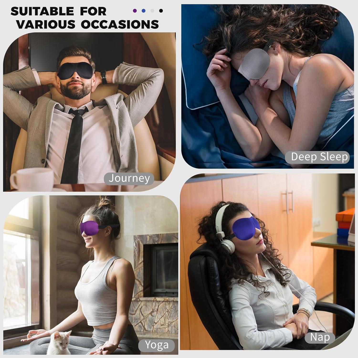 Paquete de 4 Máscaras de Sueño 3D MS Ajustables - Negro, Púrpura, Azul, Gris