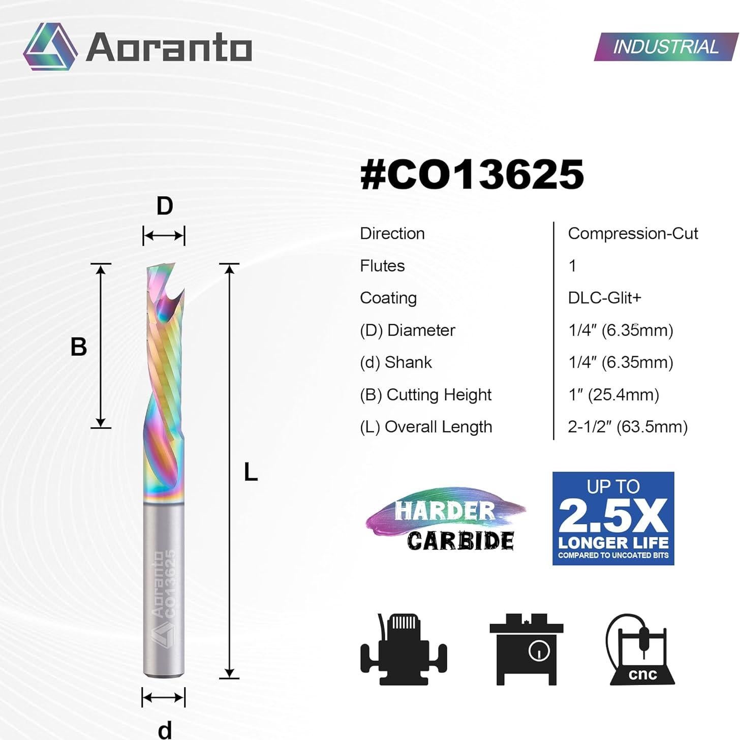Fresa CNC Aoranto 1/4" Compresión Carburo 6.35mm x 25.4mm
