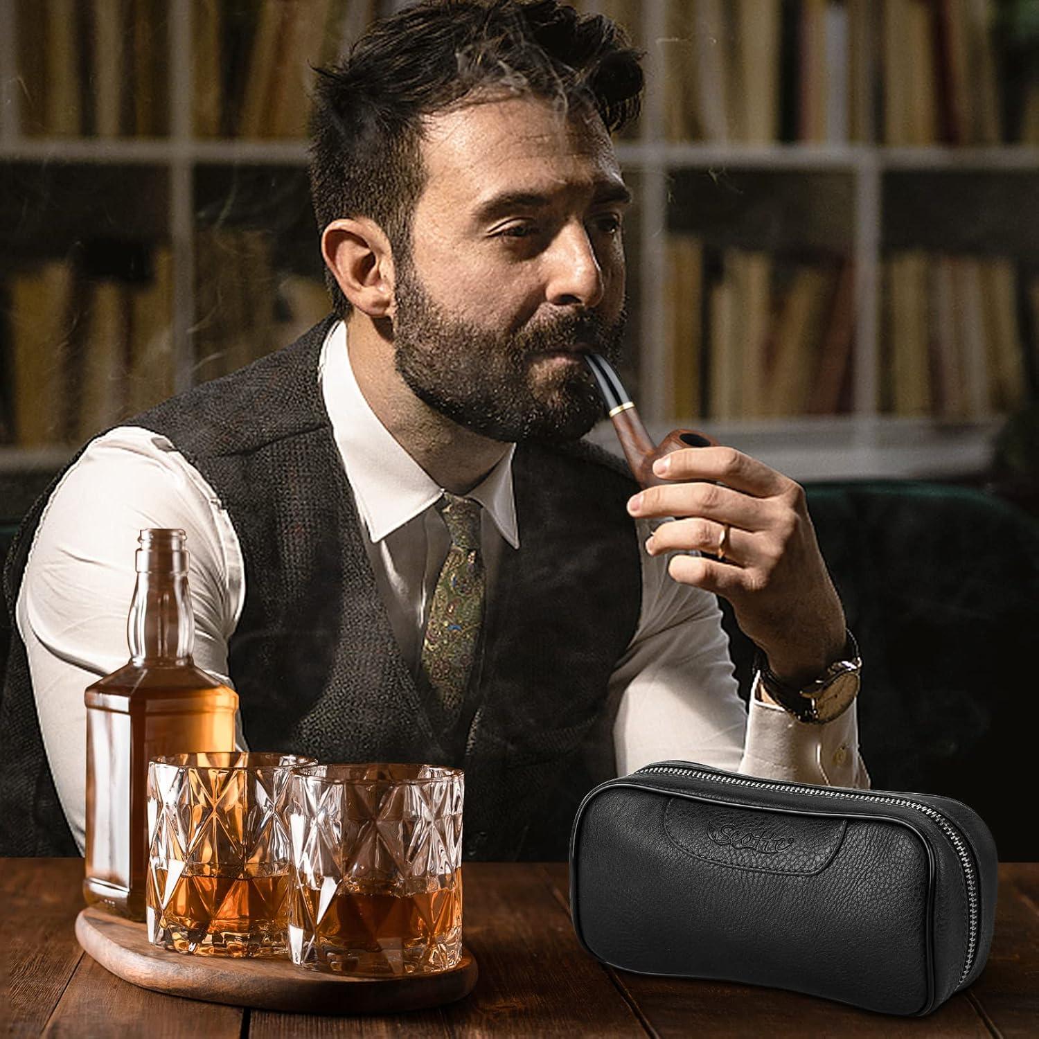 Funda de Cuero PU Scotte para 2 Pipás de Tabaco y Accesorios