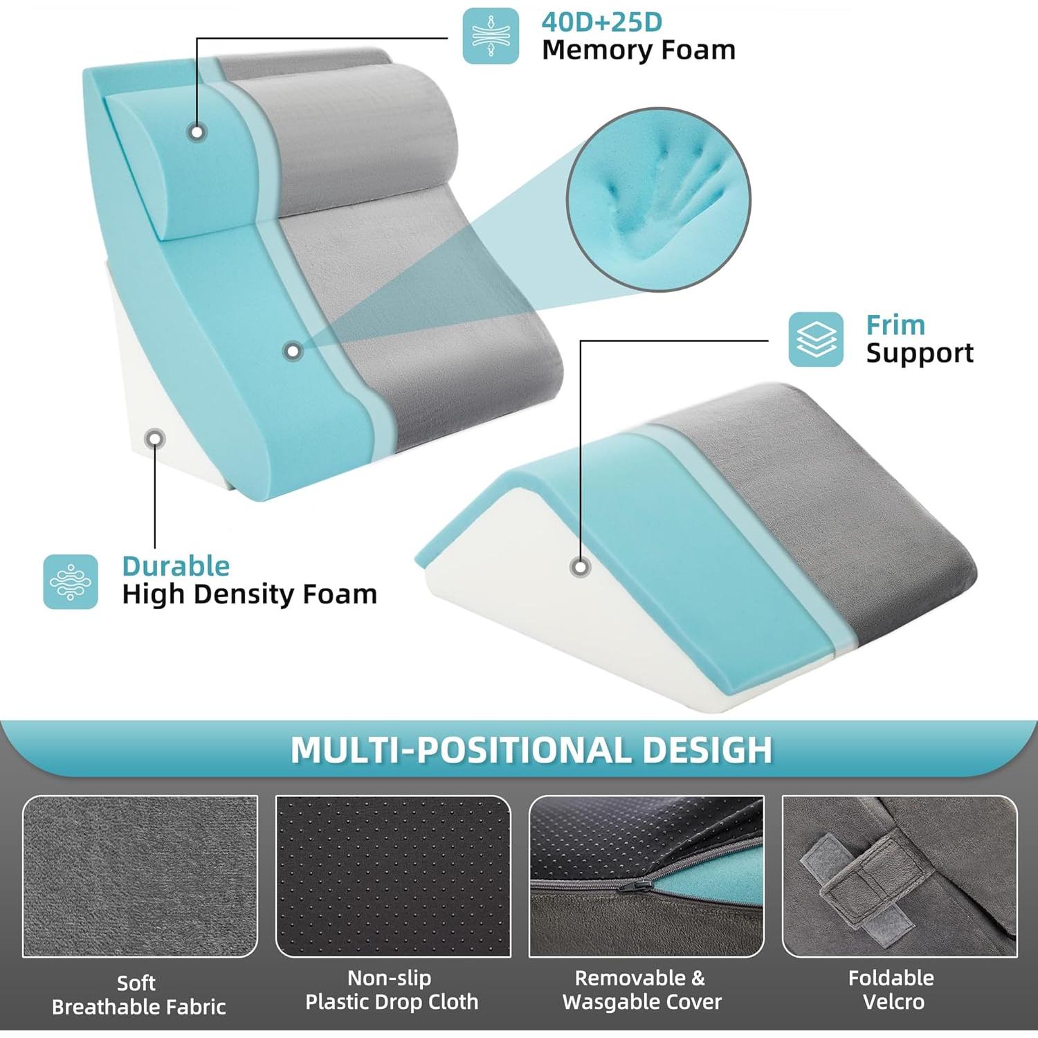 Kingfun 4pcs Orthopedic Bed Wedge Pillow Set for Sleeping, Memory Foam for Sleeping,Breathable Triangle Pillow Wedge, Post Surgery Memory Foam for Back, Leg Pain Relief, Sitting