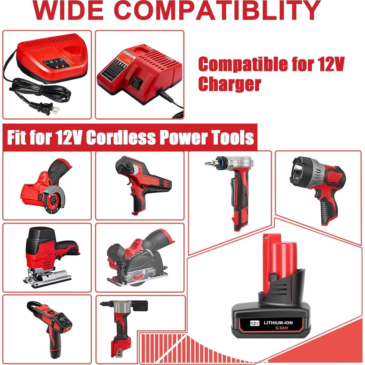2 Pack 6.5Ah 12V Batteries Compatible for Milwaukee M12 12V Battery 48-11-2401 48-11-2402 48-11-2411 48-11-2440 48-11-2420, Replacement Battery for Milwaukee 12 Volt Cordless Power Tools