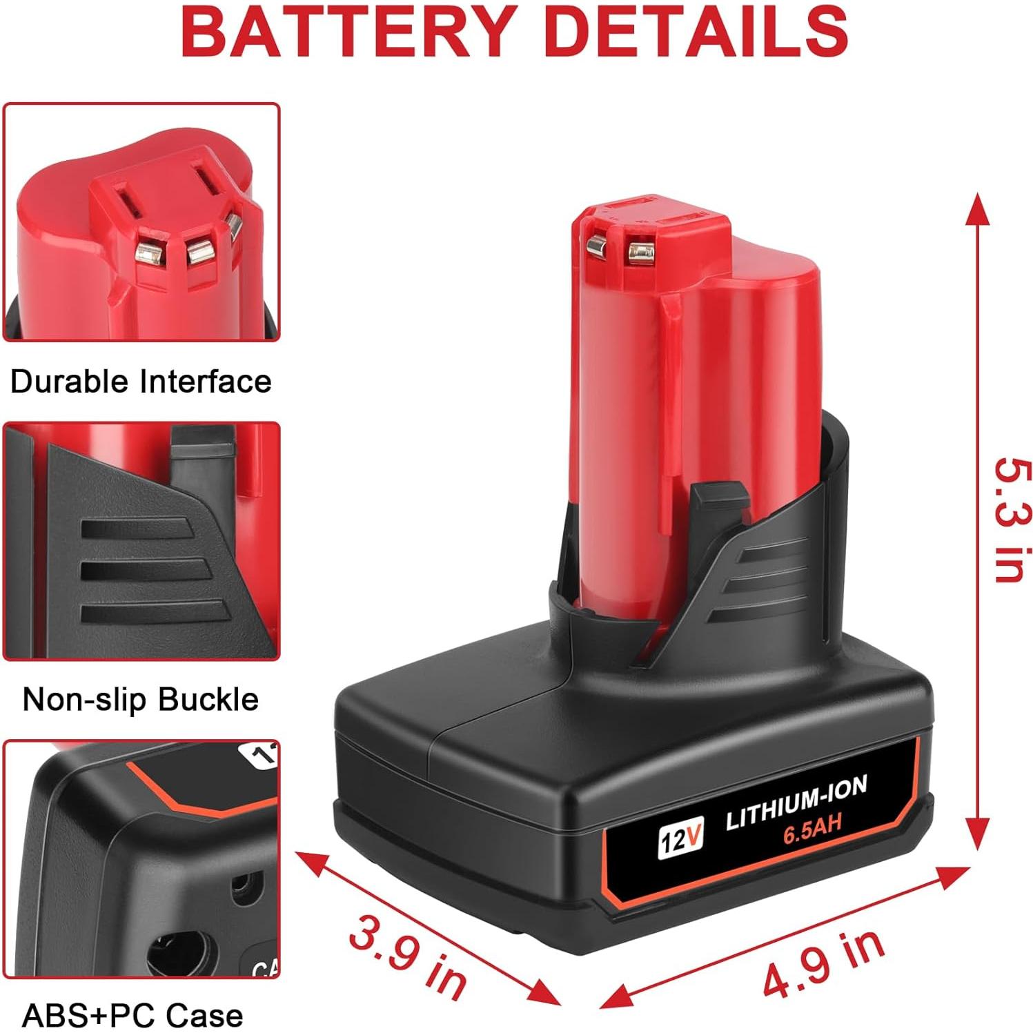 2 Pack 6.5Ah 12V Batteries Compatible for Milwaukee M12 12V Battery 48-11-2401 48-11-2402 48-11-2411 48-11-2440 48-11-2420, Replacement Battery for Milwaukee 12 Volt Cordless Power Tools