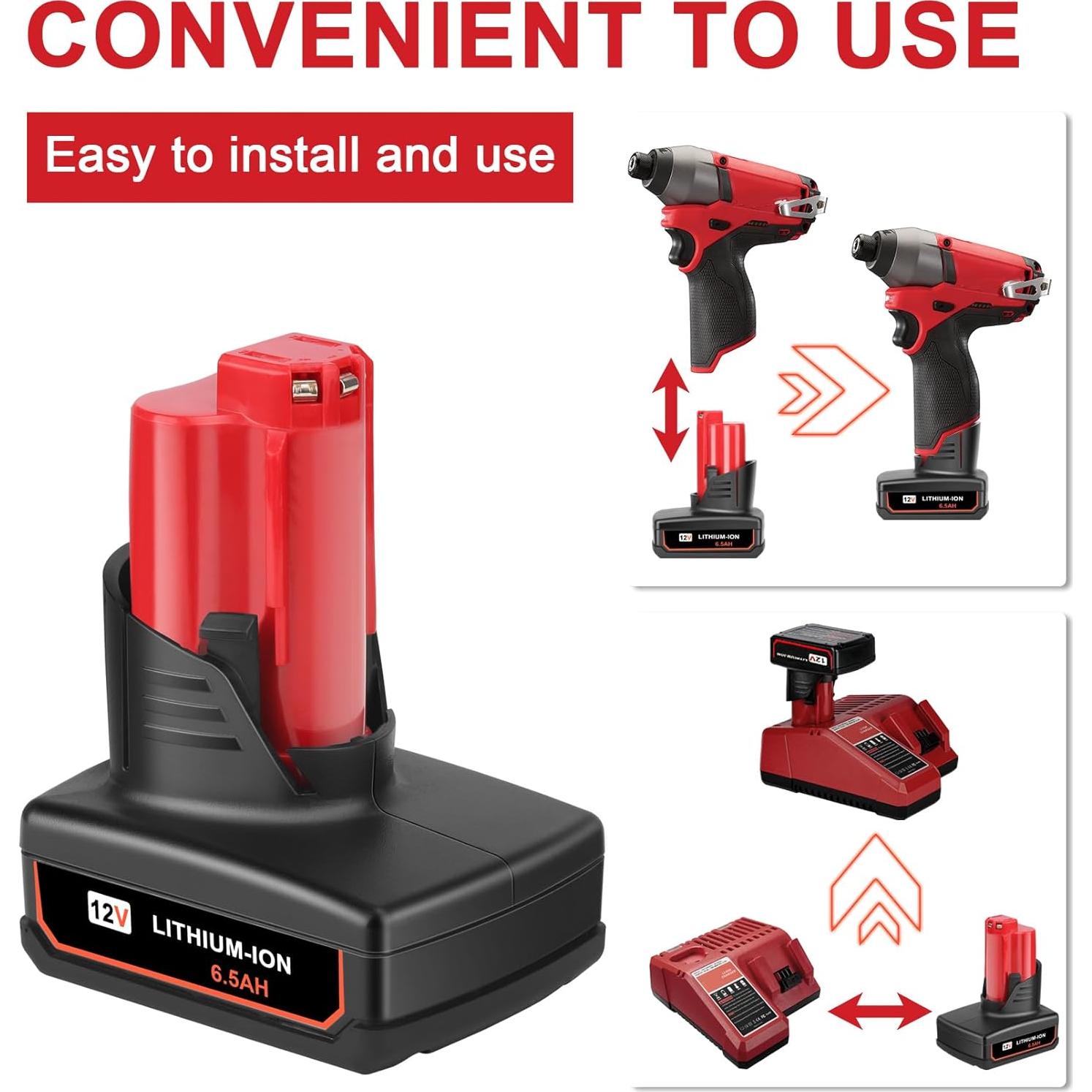 2 Pack 6.5Ah 12V Batteries Compatible for Milwaukee M12 12V Battery 48-11-2401 48-11-2402 48-11-2411 48-11-2440 48-11-2420, Replacement Battery for Milwaukee 12 Volt Cordless Power Tools