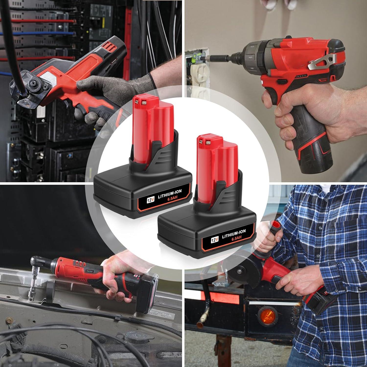 2 Pack 6.5Ah 12V Batteries Compatible for Milwaukee M12 12V Battery 48-11-2401 48-11-2402 48-11-2411 48-11-2440 48-11-2420, Replacement Battery for Milwaukee 12 Volt Cordless Power Tools
