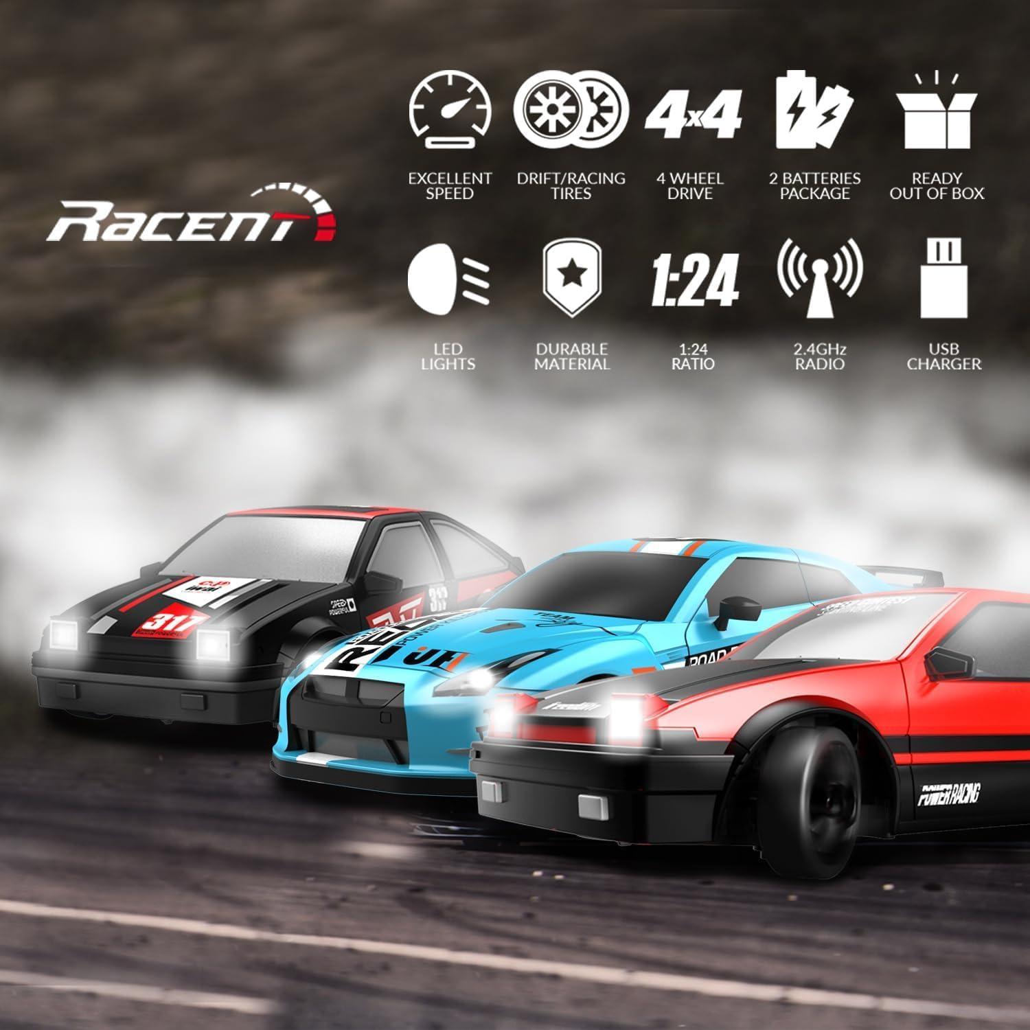 Coche RC Drift 4WD RACENT 1:24 con Luz LED y 2 Baterías