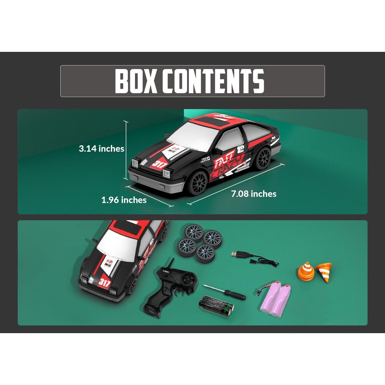 Coche RC Drift 4WD RACENT 1:24 con Luz LED y 2 Baterías