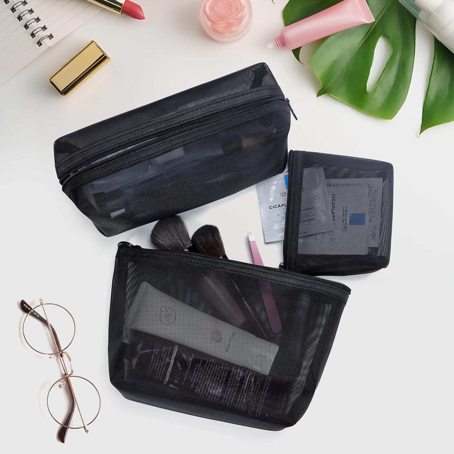 Conjunto de 3 Bolsas de Cosméticos de Malla Aosbos - Negro